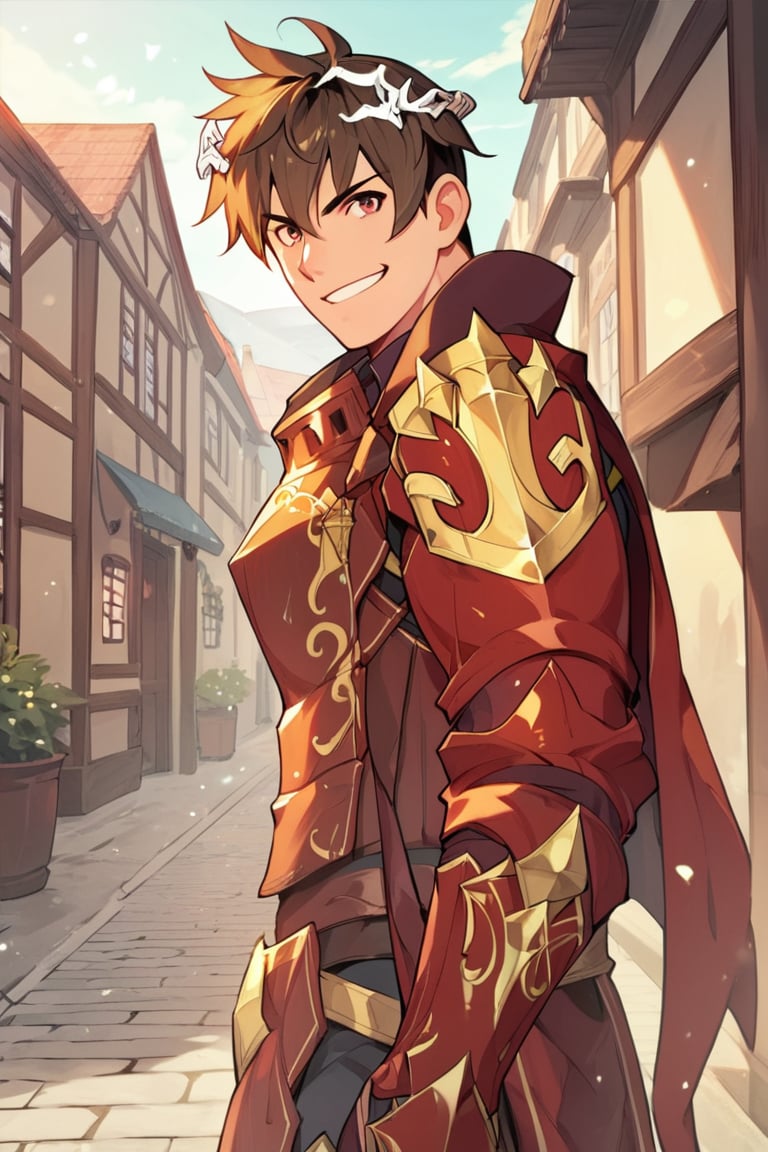 score_9, score_8_up, score_7_up, source_anime, solo, male focus, 1boy, Grid_OG, Brown hair, red eyes, messy hair, red armor, muscular, heavy armor, grin, looking at viewer, standing, outdoors, medieval street 