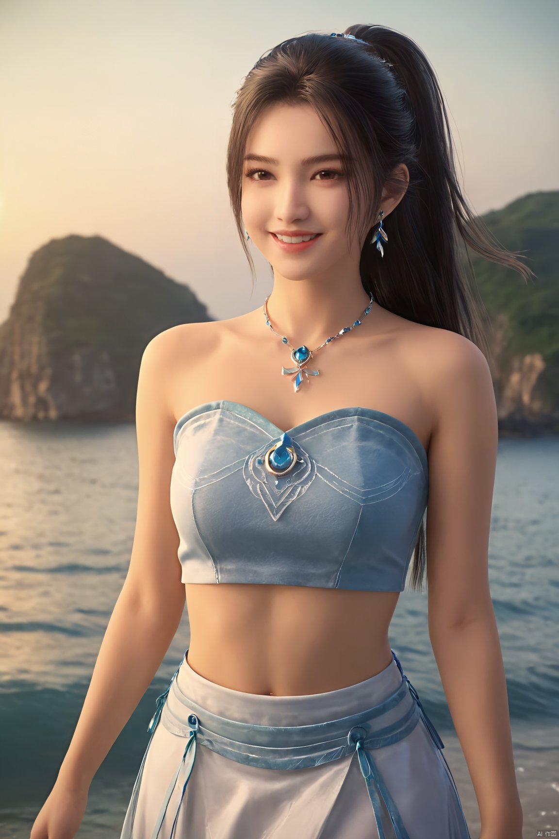 best quality, masterpiece, realistic,cowboy_shot,(Good structure), DSLR Quality,Depth of field,kind smile,looking_at_viewer,Dynamic pose, 1girl, solo, long hair, , looking at viewer, skirt, hair ornament, bare shoulders, jewelry, , earrings, outdoors, midriff, water, necklace, lips, crop top, ocean, white skirt, strapless vest, sunset, sun, ponytail,Xningyao, (big breasts:1.79), Yunxiao_xianzi