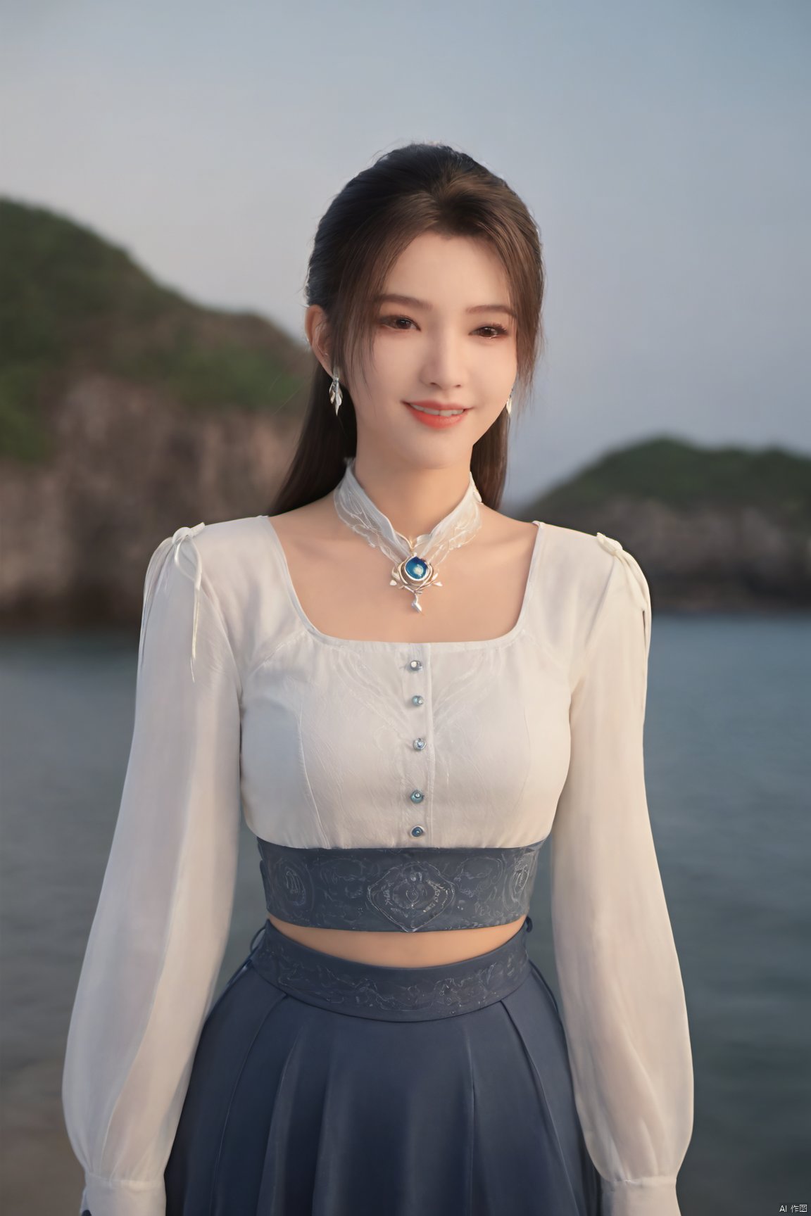 best quality, masterpiece, realistic,cowboy_shot,(Good structure), DSLR Quality,Depth of field,kind smile,looking_at_viewer,Dynamic pose, 1girl, solo, long hair, , looking at viewer, skirt, hair ornament, bare shoulders, jewelry, , earrings, outdoors, midriff, water, necklace, lips, crop top, ocean, white skirt, strapless vest, sunset, sun, ponytail,Xningyao, (big breasts:1.79), Yunxiao_xianzi