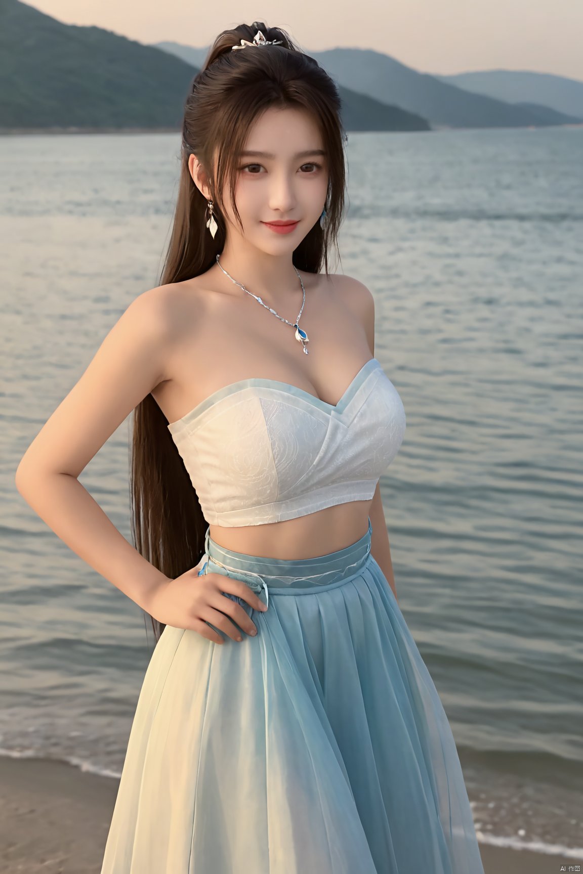 best quality, masterpiece, realistic,cowboy_shot,(Good structure), DSLR Quality,Depth of field,kind smile,looking_at_viewer,Dynamic pose, 1girl, solo, long hair, , looking at viewer, skirt, hair ornament, bare shoulders, jewelry, , earrings, outdoors, midriff, water, necklace, lips, crop top, ocean, white skirt, strapless vest, sunset, sun, ponytail,Xningyao, (big breasts:1.79), Yunxiao_xianzi