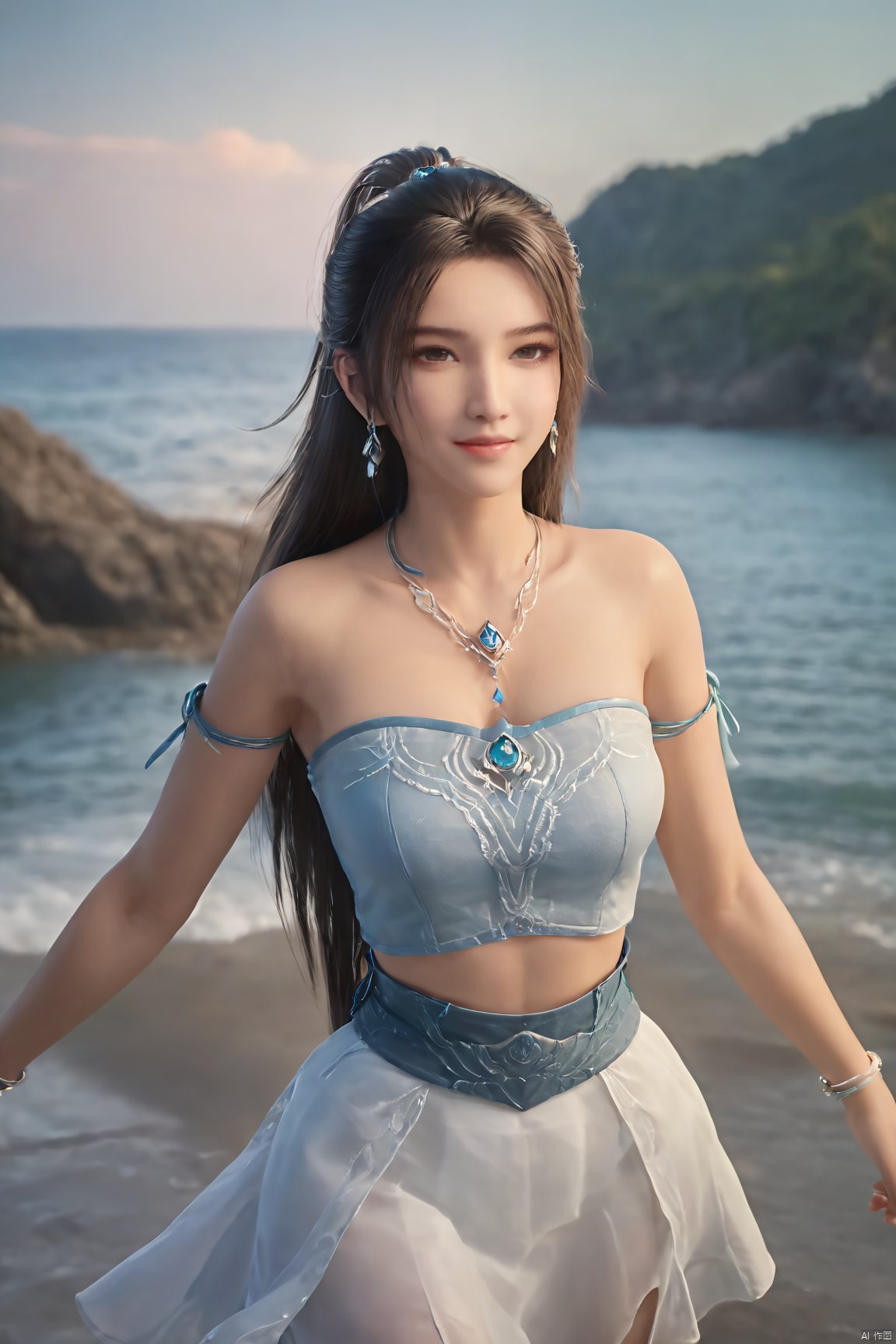 best quality, masterpiece, realistic,cowboy_shot,(Good structure), DSLR Quality,Depth of field,kind smile,looking_at_viewer,Dynamic pose, 1girl, solo, long hair, , looking at viewer, skirt, hair ornament, bare shoulders, jewelry, , earrings, outdoors, midriff, water, necklace, lips, crop top, ocean, white skirt, strapless vest, sunset, sun, ponytail,Xningyao, (big breasts:1.79), Yunxiao_xianzi