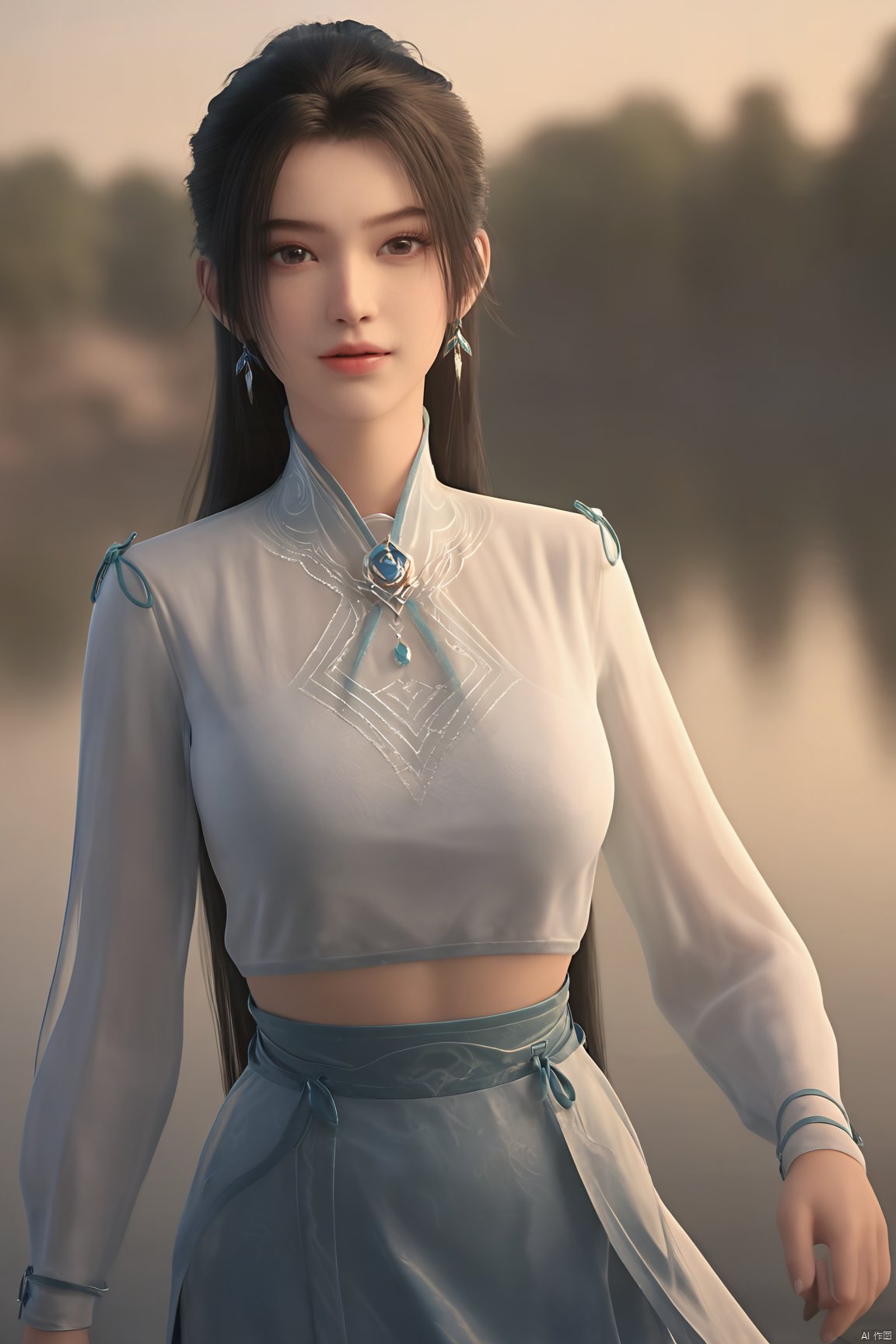 best quality, masterpiece, realistic,cowboy_shot,(Good structure), DSLR Quality,Depth of field,kind smile,looking_at_viewer,Dynamic pose, 1girl, solo, long hair, , looking at viewer, skirt, hair ornament, bare shoulders, jewelry, , earrings, outdoors, midriff, water, necklace, lips, crop top, ocean, white skirt, strapless vest, sunset, sun, ponytail,Xningyao, (big breasts:1.89), Yunxiao_xianzi