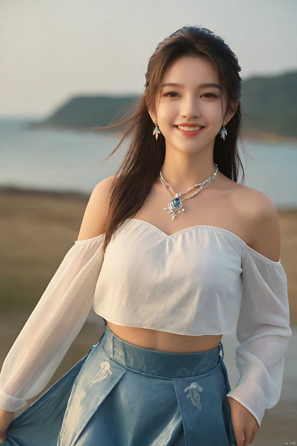 best quality, masterpiece, realistic,cowboy_shot,(Good structure), DSLR Quality,Depth of field,kind smile,looking_at_viewer,Dynamic pose, 1girl, solo, long hair, , looking at viewer, skirt, hair ornament, bare shoulders, jewelry, , earrings, outdoors, midriff, water, necklace, lips, crop top, ocean, white skirt, strapless vest, sunset, sun, ponytail,Xningyao, (big breasts:1.79), Yunxiao_xianzi