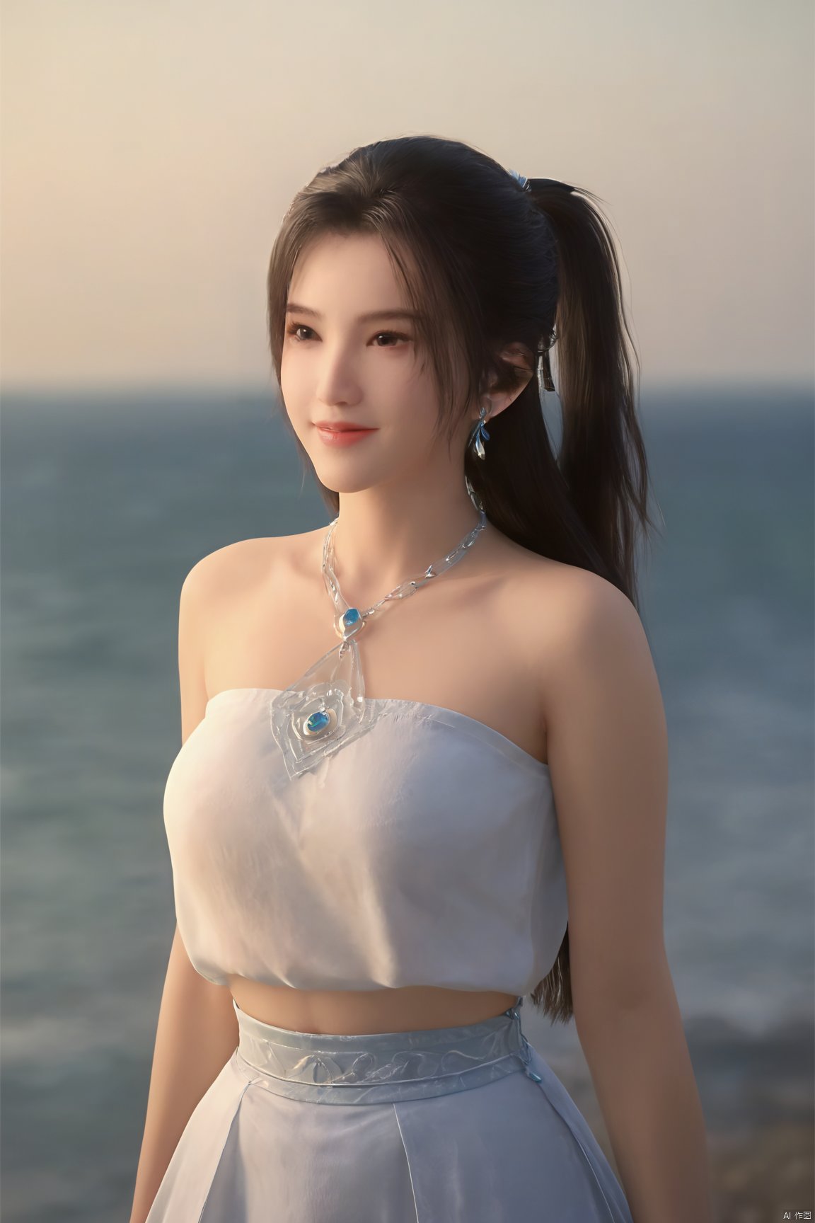 best quality, masterpiece, realistic,cowboy_shot,(Good structure), DSLR Quality,Depth of field,kind smile,looking_at_viewer,Dynamic pose, 1girl, solo, long hair, , looking at viewer, skirt, hair ornament, bare shoulders, jewelry, , earrings, outdoors, midriff, water, necklace, lips, crop top, ocean, white skirt, strapless vest, sunset, sun, ponytail,Xningyao, (big breasts:1.79), Yunxiao_xianzi