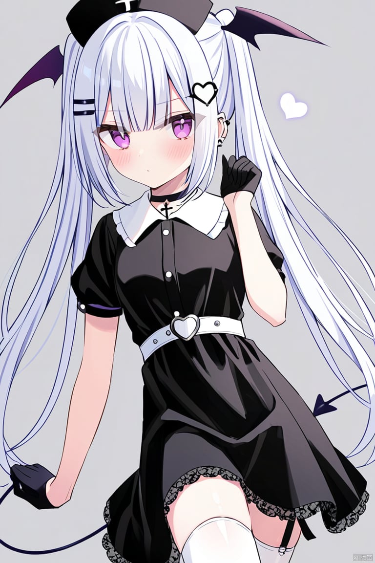 1girl, solo, long hair, breasts, looking at viewer, blush, bangs, hair ornament, thighhighs, gloves, hat, dress, twintails, very long hair, closed mouth, purple eyes, tail, white hair, short sleeves, heart, small breasts, wings, choker, black gloves, hairclip, grey background, black dress, arm up, white thighhighs, black headwear, black choker, piercing, cross, head wings, ear piercing, demon tail, nurse cap, heart hair ornament, collared dress, half gloves