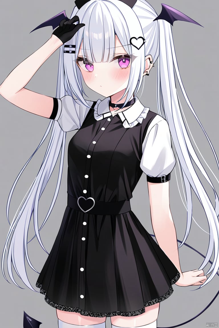 1girl, solo, long hair, breasts, looking at viewer, blush, bangs, hair ornament, thighhighs, gloves, hat, dress, twintails, very long hair, closed mouth, purple eyes, tail, white hair, short sleeves, heart, small breasts, wings, choker, black gloves, hairclip, grey background, black dress, arm up, white thighhighs, black headwear, black choker, piercing, cross, head wings, ear piercing, demon tail, nurse cap, heart hair ornament, collared dress, half gloves