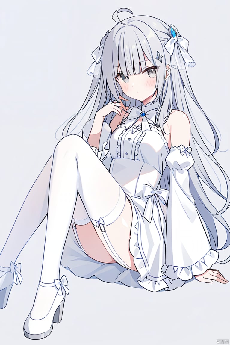 1girl, solo, long hair, breasts, bangs, simple background, thighhighs, white background, dress, bow, bare shoulders, jewelry, very long hair, full body, ahoge, grey hair, frills, detached sleeves, wide sleeves, white dress, high heels, white thighhighs, see-through, grey eyes, garter straps, white footwear, white bow, gem, white theme