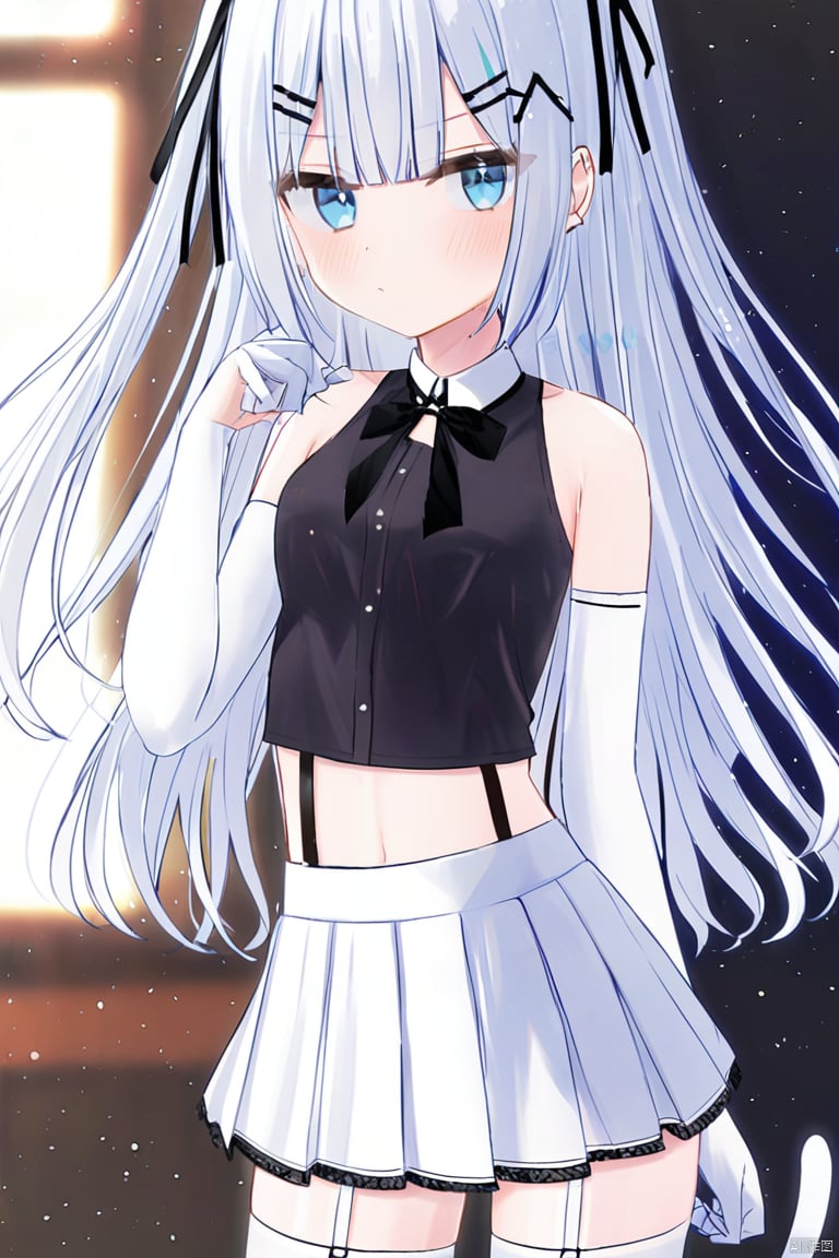 1girl, solo, long hair, breasts, looking at viewer, blush, blue eyes, skirt, shirt, hair ornament, thighhighs, gloves, ribbon, navel, animal ears, bare shoulders, very long hair, closed mouth, standing, tail, hair ribbon, white shirt, white hair, cowboy shot, pleated skirt, small breasts, sleeveless, hairclip, elbow gloves, midriff, cat ears, white gloves, hand up, miniskirt, stomach, white thighhighs, two side up, zettai ryouiki, crop top, cat tail, animal ear fluff, sleeveless shirt, black ribbon, highleg, bandages, white skirt, cat girl, extra ears, single glove, bandaged arm,panty_straps