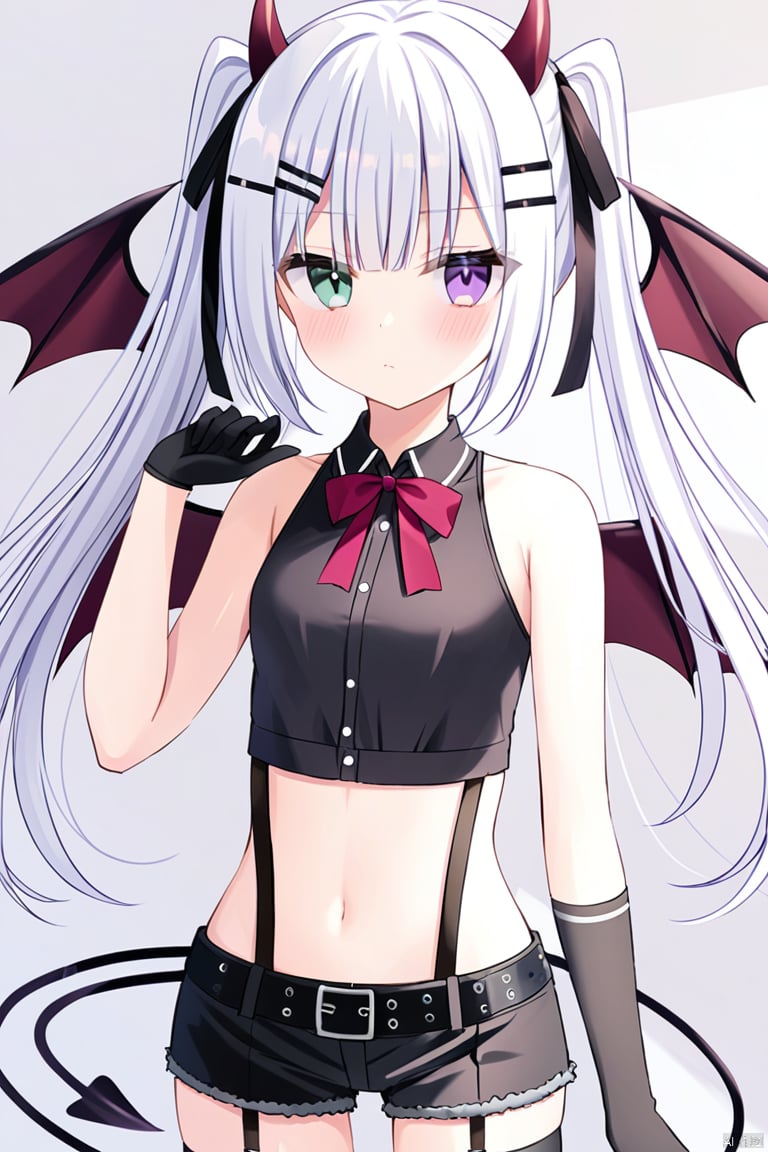 1girl, solo, long hair, breasts, looking at viewer, blush, shirt, hair ornament, red eyes, thighhighs, gloves, ribbon, navel, bare shoulders, twintails, very long hair, closed mouth, standing, purple eyes, tail, hair ribbon, white hair, cowboy shot, small breasts, wings, horns, shorts, sleeveless, black gloves, hairclip, midriff, collared shirt, belt, black thighhighs, hand up, stomach, crop top, bare arms, black shirt, short shorts, sleeveless shirt, black ribbon, heterochromia, black shorts, demon girl, demon horns, single thighhigh, demon tail, demon wings