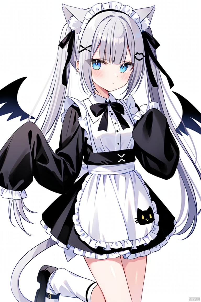 1girl, solo, long hair, looking at viewer, blush, bangs, blue eyes, simple background, hair ornament, long sleeves, white background, bow, animal ears, hair between eyes, twintails, very long hair, closed mouth, standing, jacket, tail, full body, hair bow, grey hair, multicolored hair, frills, parted lips, wings, shoes, socks, hairclip, puffy sleeves, cat ears, hand up, apron, cat tail, animal ear fluff, sleeves past wrists, maid, maid headdress, white footwear, standing on one leg, white bow, cat girl, white socks, waist apron, white apron, bandaid, sleeves past fingers, frilled apron, white wings, loose socks, bandaid on leg, mini wings