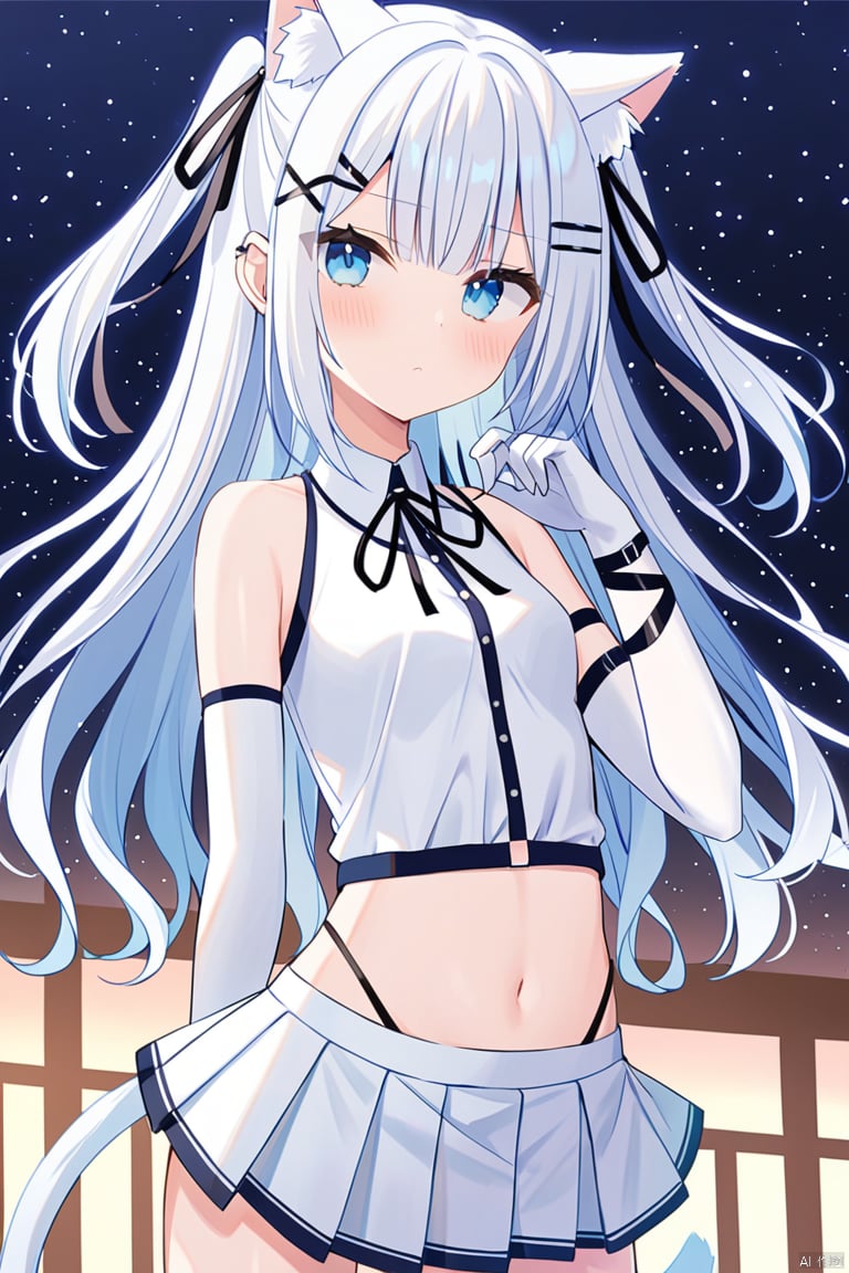 1girl, solo, long hair, breasts, looking at viewer, blush, blue eyes, skirt, shirt, hair ornament, thighhighs, gloves, ribbon, navel, animal ears, bare shoulders, very long hair, closed mouth, standing, tail, hair ribbon, white shirt, white hair, cowboy shot, pleated skirt, small breasts, sleeveless, hairclip, elbow gloves, midriff, cat ears, white gloves, hand up, miniskirt, stomach, white thighhighs, two side up, zettai ryouiki, crop top, cat tail, animal ear fluff, sleeveless shirt, black ribbon, highleg, bandages, white skirt, cat girl, extra ears, single glove, bandaged arm,panty_straps