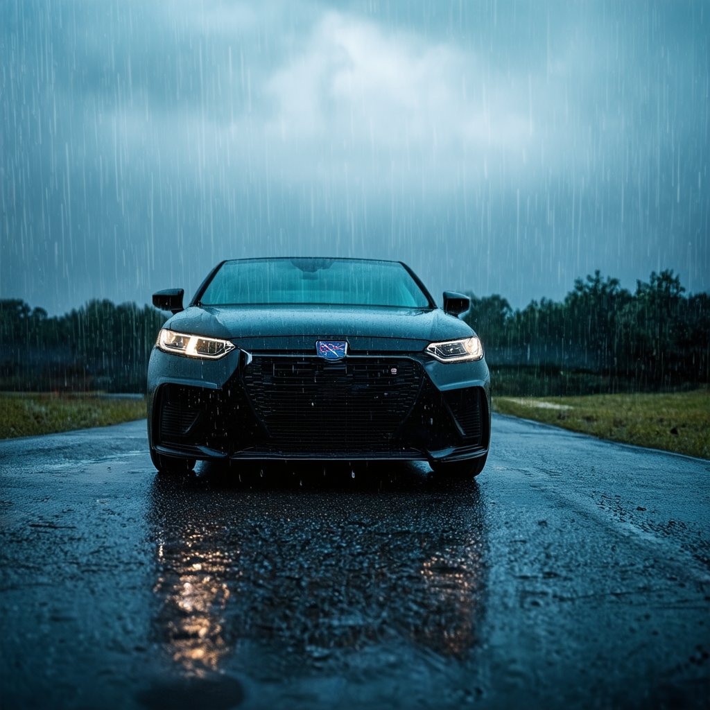 a car parked on a rainy road,cloudy sky,detailed rain drops,dramatic lighting,moody atmosphere,cinematic,photorealistic,ultra-detailed,8k,HDR,vibrant colors,natural lighting,realistic reflections,wet ground,puddles,realistic textures