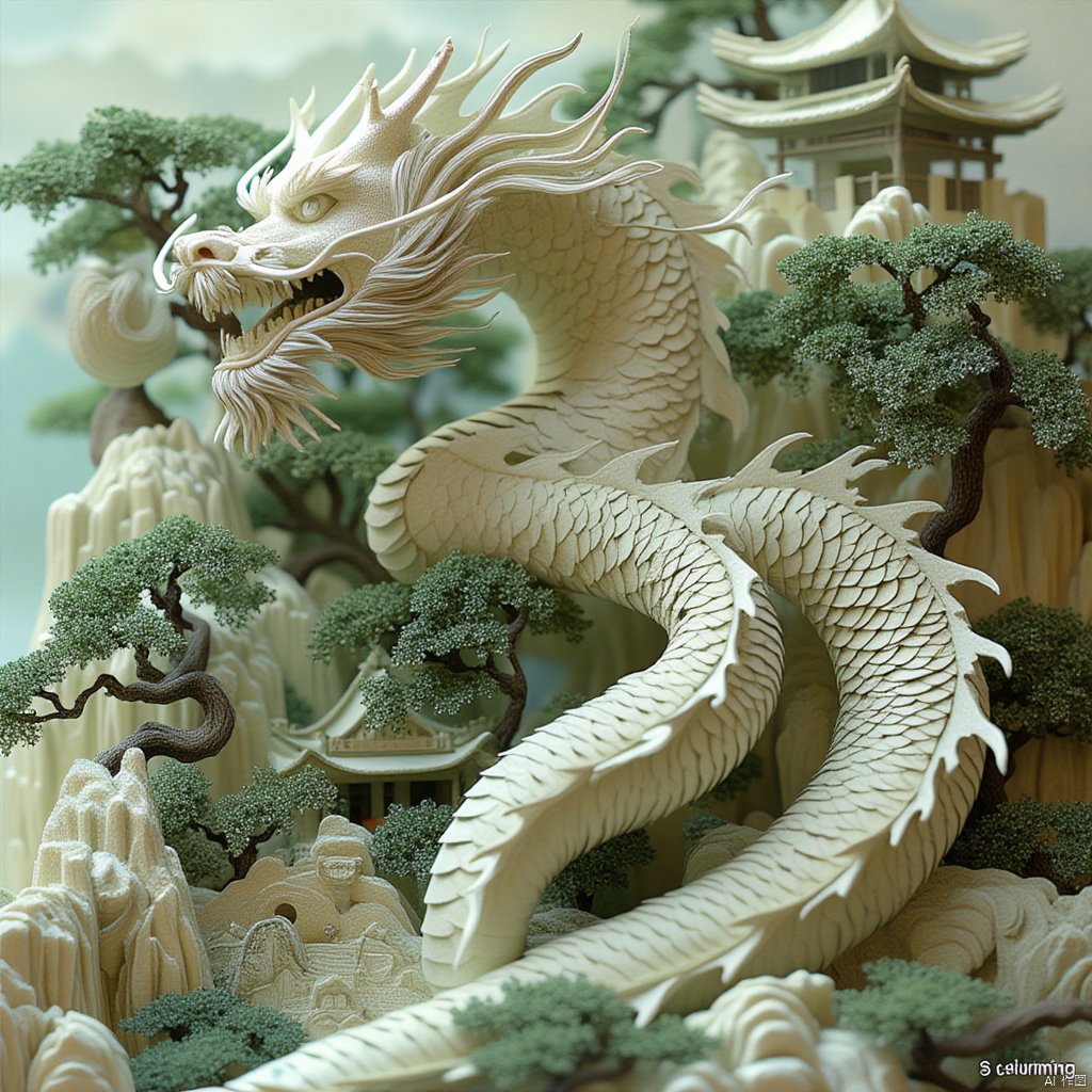 fiber art of dragon flying over the mini landscape,surrounded by chinese buildings,which is intricately detailed, with scales, claws, and a long tail. Its eyes are wide and alert, and its mouth is slightly open,