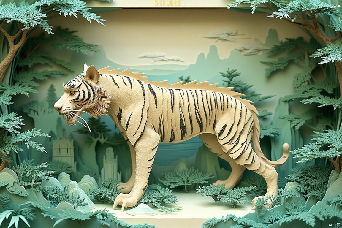 paper-cut art of a tiger standing in forest