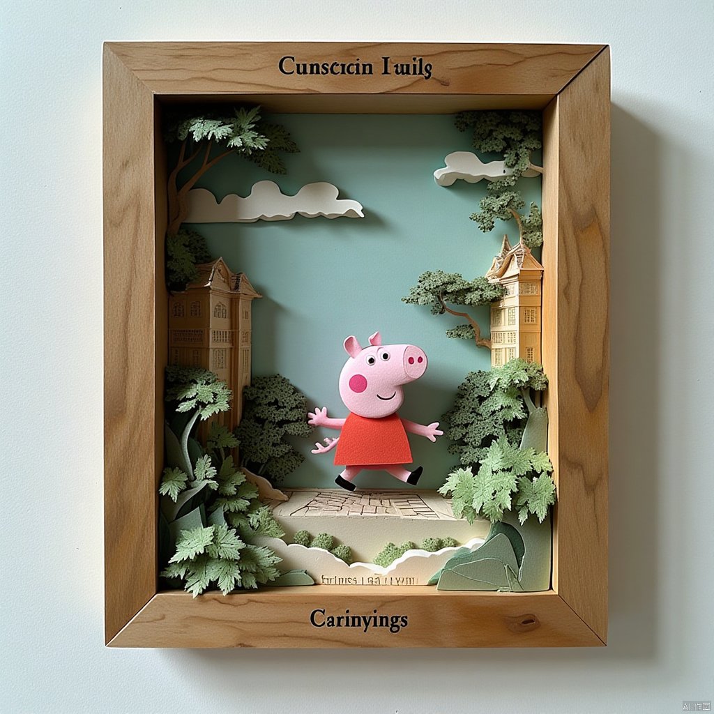 mini paper art of Peppa Pig running on the road,surrounded by buildings and plants,which is in a wooden frame on the wall