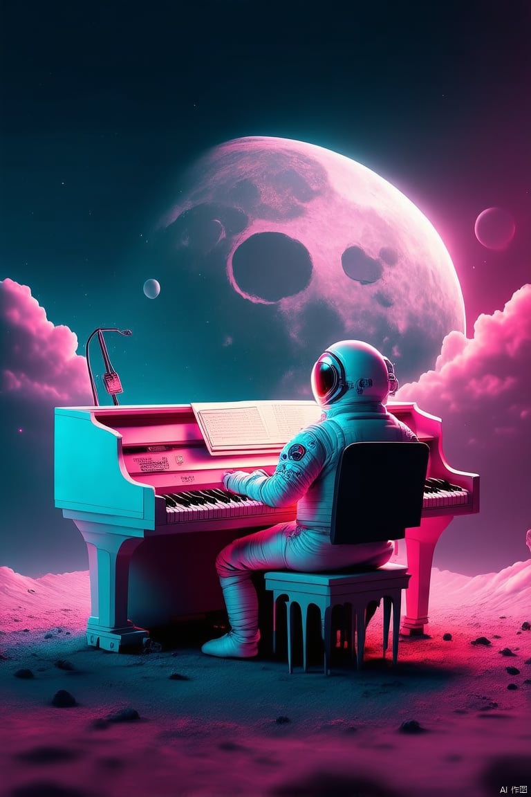 Captured at eye-level, a 3D illustration of an astronaut sitting at a white grand piano in front of the moon. The astronaut is dressed in a white suit with a white helmet, and white pants. The piano is adorned with black keys, and is set against a backdrop of pink clouds. The sky is a deep blue, and the moon is glowing with a pink hue, adding a pop of color to the scene. The moon's reflection can be seen in the upper right corner of the frame, adding depth to the composition.