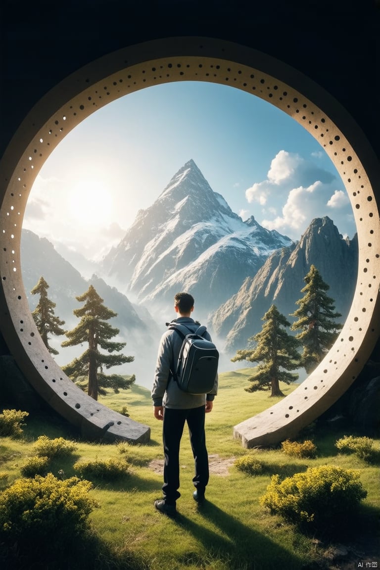 Captured from a high-angle perspective, a man in a gray jacket and black pants stands in front of a circular archway. The archway leads to a mountain range, which is adorned with a white snow-capped mountain peak. The man's back pack is draped over his right shoulder, adding a touch of color to the scene. The mountain range is surrounded by a lush green landscape, dotted with trees and shrubs. The sky is filled with white, fluffy clouds, and the sun is shining through the archway, creating a vibrant glow.