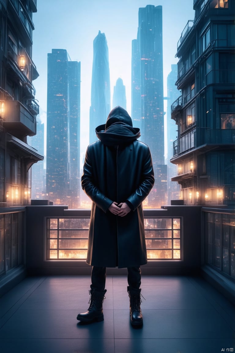 Captured from a high-angle perspective, a man stands on a platform, looking out at a cityscape. He is dressed in a black leather coat, a hooded hood, and black boots. The man's face is covered with a black scarf, and his eyes are closed. His hands are clasped in front of him, and he is facing the right side of the frame. The cityscape is filled with buildings, skyscrapers, and lights, creating a vibrant contrast to the scene.