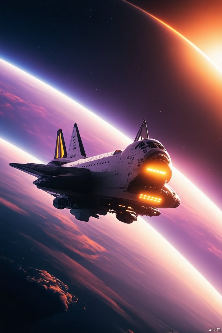 Captured from a high-angle perspective, a space shuttle is soaring through the sky. The shuttle is adorned with glowing yellow lights, adding a pop of color to the otherwise monochromatic scene. The backdrop is a vibrant combination of purple, pink, and orange hues, creating a stunning contrast to the space shuttle. To the right of the shuttle, a large orange planet can be seen, adding depth to the composition.