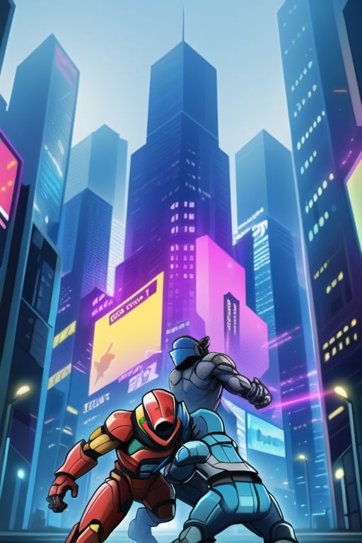 A dynamic scene of a robot warrior in mid-combat stance, clashing with an unseen opponent on the bustling streets of a futuristic city. The background features towering skyscrapers with neon lights and holographic billboards, casting a vibrant glow on the metallic surfaces of the robot. The robot is equipped with advanced weaponry and armor, reflecting the city lights. The composition highlights the robot's powerful pose, with dramatic lighting emphasizing the action and tension of the fight.