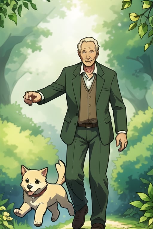 A serene image of an old man walking through a lush forest, sunlight filtering through dense foliage. His playful puppy runs ahead, tail wagging, in a dynamic composition. The scene captures the gentle interaction between man and pet, with soft, natural lighting highlighting their joyful expressions.