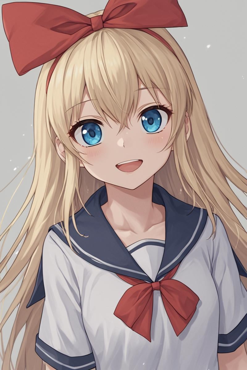 score_9, score_8_up, score_7_up,regina, source_anime, 1girl, solo, long hair, looking at viewer, blush, smile, open mouth, blue eyes, blonde hair, simple background, shirt, white background, bow, hair between eyes, very long hair, school uniform, collarbone, white shirt, upper body, :d, hair bow, hairband, serafuku, shiny, bowtie, sailor collar, red bow, shiny hair, red ribbon, floating hair, blue sailor collar, portrait, yellow bow, red hairband, sailor shirt, yellow bowtie, bow hairband, purple sailor collar<lora:EMS-463908-EMS:1.000000>