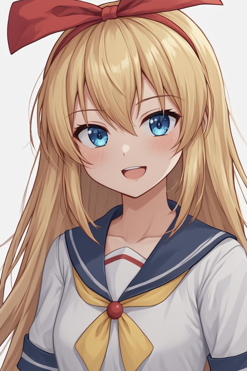 regina, 1girl, solo, long hair, looking at viewer, blush, smile, open mouth, blue eyes, blonde hair, simple background, shirt, white background, bow, hair between eyes, very long hair, school uniform, collarbone, white shirt, upper body, :d, hair bow, hairband, serafuku, shiny, bowtie, sailor collar, red bow, shiny hair, red ribbon, floating hair, blue sailor collar, portrait, yellow bow, red hairband, sailor shirt, yellow bowtie, bow hairband, purple sailor collar<lora:EMS-463908-EMS:1.000000>