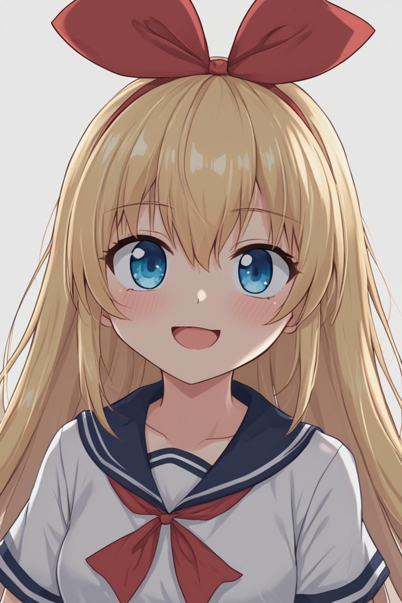 regina, 1girl, solo, long hair, looking at viewer, blush, smile, open mouth, blue eyes, blonde hair, simple background, shirt, white background, bow, hair between eyes, very long hair, school uniform, collarbone, white shirt, upper body, :d, hair bow, hairband, serafuku, shiny, bowtie, sailor collar, red bow, shiny hair, red ribbon, floating hair, blue sailor collar, portrait, yellow bow, red hairband, sailor shirt, yellow bowtie, bow hairband, purple sailor collar<lora:EMS-463908-EMS:1.000000>