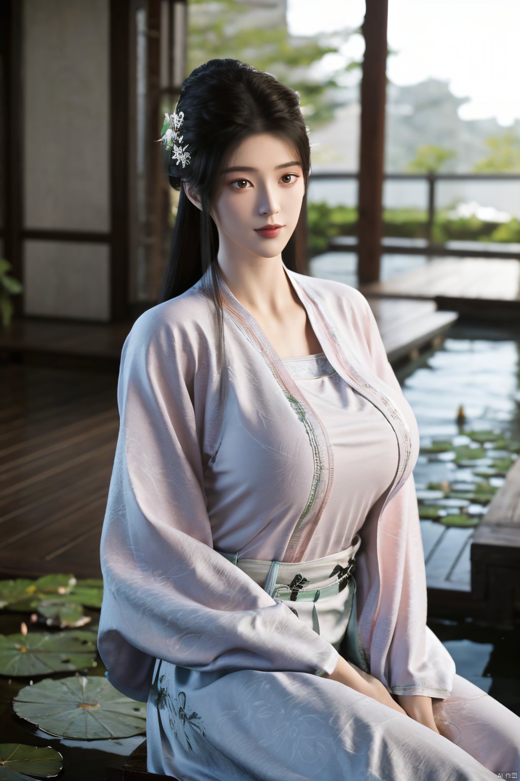 Best quality, Realistic, photorealistic, masterpiece,  , best shadow, huge filesize ,incredibly absurdres, absurdres, looking at viewer, transparent, smog, gauze, vase, petals, room, ancient Chinese style, detailed background, wide shot background,
(((1gilr,black hair))),(Sitting on the lotus pond porch:1.39) ,(huge breasts:1.52),(A pond full of pink lotus flowers:1.3),close up of 1girl,Hairpins,hair ornament,hair wings,slim,narrow waist,perfect eyes,beautiful perfect face,pleasant smile,perfect female figure,detailed skin,charming,alluring,seductive,erotic,enchanting,delicate pattern,detailed complex and rich exquisite clothing detail,delicate intricate fabrics,
Morning Serenade In the gentle morning glow, (a woman in a pink lotus-patterned Hanfu stands in an indoor courtyard:1.26),(Chinese traditional dragon and phoenix embroidered Hanfu:1.3), admiring the tranquil garden scenery. The lotus-patterned Hanfu, embellished with silver-thread embroidery, is softly illuminated by the morning light. The light mint green Hanfu imparts a sense of calm and freshness, adorned with delicate lotus patterns, with a blurred background to enhance the peaceful atmosphere,(huge breasts:1.69),Xsutaner,Xhulianxin