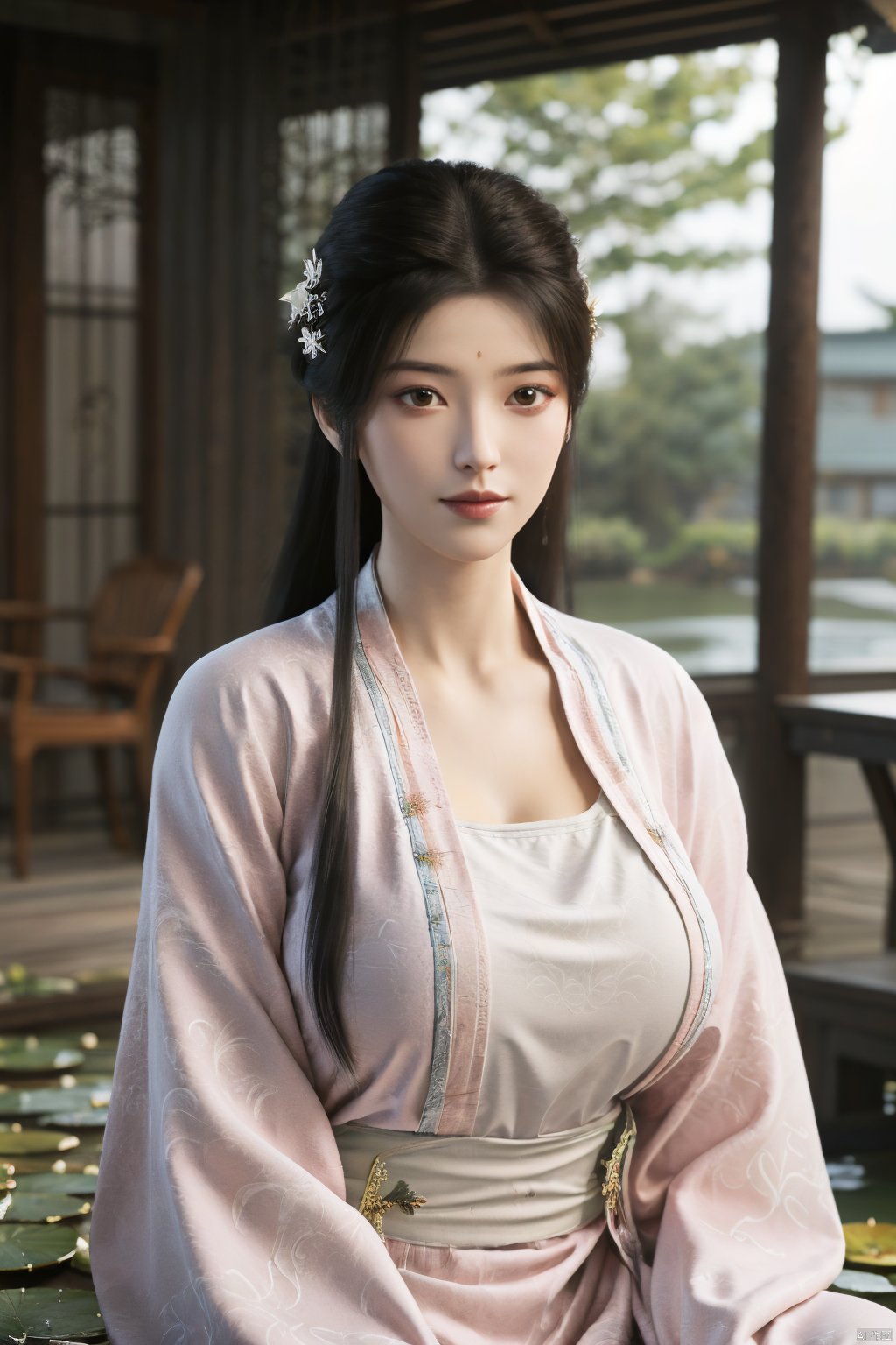 Best quality, Realistic, photorealistic, masterpiece,  , best shadow, huge filesize ,incredibly absurdres, absurdres, looking at viewer, transparent, smog, gauze, vase, petals, room, ancient Chinese style, detailed background, wide shot background,
(((1gilr,black hair))),(Sitting on the lotus pond porch:1.39) ,(huge breasts:1.52),(A pond full of pink lotus flowers:1.3),close up of 1girl,Hairpins,hair ornament,hair wings,slim,narrow waist,perfect eyes,beautiful perfect face,pleasant smile,perfect female figure,detailed skin,charming,alluring,seductive,erotic,enchanting,delicate pattern,detailed complex and rich exquisite clothing detail,delicate intricate fabrics,
Morning Serenade In the gentle morning glow, (a woman in a pink lotus-patterned Hanfu stands in an indoor courtyard:1.26),(Chinese traditional dragon and phoenix embroidered Hanfu:1.3), admiring the tranquil garden scenery. The lotus-patterned Hanfu, embellished with silver-thread embroidery, is softly illuminated by the morning light. The light mint green Hanfu imparts a sense of calm and freshness, adorned with delicate lotus patterns, with a blurred background to enhance the peaceful atmosphere,(huge breasts:1.69),Xsutaner,Xhulianxin