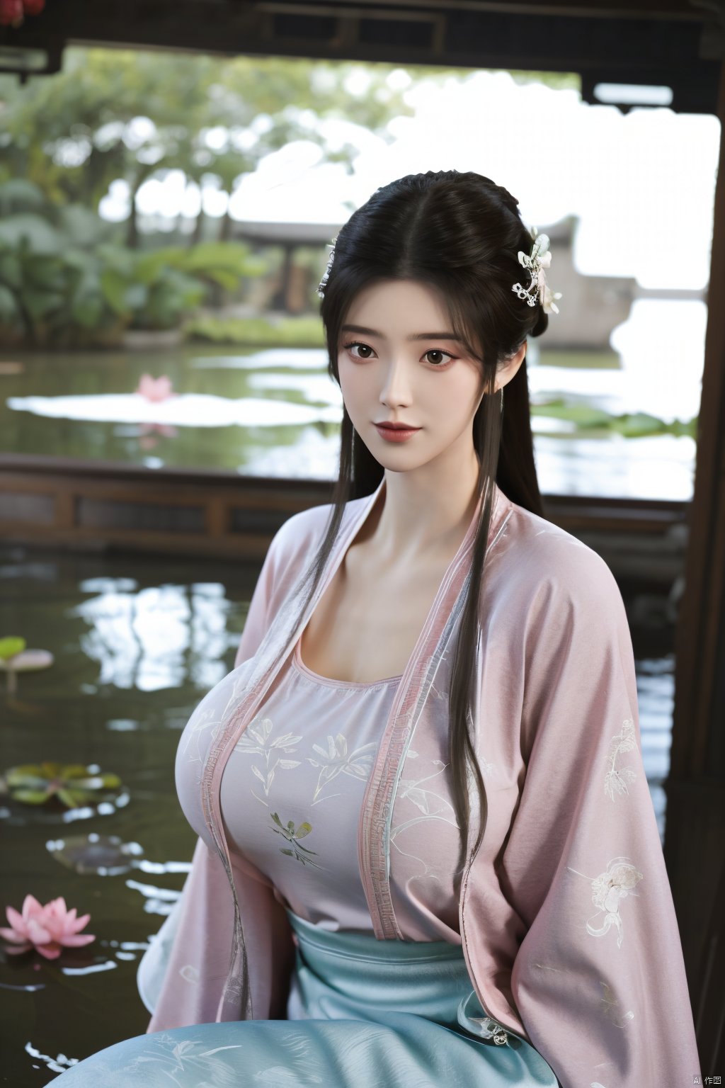 Best quality, Realistic, photorealistic, masterpiece,  , best shadow, huge filesize ,incredibly absurdres, absurdres, looking at viewer, transparent, smog, gauze, vase, petals, room, ancient Chinese style, detailed background, wide shot background,
(((1gilr,black hair))),(Sitting on the lotus pond porch:1.39) ,(huge breasts:1.52),(A pond full of pink lotus flowers:1.3),close up of 1girl,Hairpins,hair ornament,hair wings,slim,narrow waist,perfect eyes,beautiful perfect face,pleasant smile,perfect female figure,detailed skin,charming,alluring,seductive,erotic,enchanting,delicate pattern,detailed complex and rich exquisite clothing detail,delicate intricate fabrics,
Morning Serenade In the gentle morning glow, (a woman in a pink lotus-patterned Hanfu stands in an indoor courtyard:1.26),(Chinese traditional dragon and phoenix embroidered Hanfu:1.3), admiring the tranquil garden scenery. The lotus-patterned Hanfu, embellished with silver-thread embroidery, is softly illuminated by the morning light. The light mint green Hanfu imparts a sense of calm and freshness, adorned with delicate lotus patterns, with a blurred background to enhance the peaceful atmosphere,(huge breasts:1.69),Xsutaner,Xhulianxin