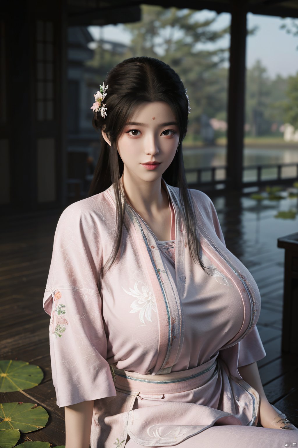 Best quality, Realistic, photorealistic, masterpiece,  , best shadow, huge filesize ,incredibly absurdres, absurdres, looking at viewer, transparent, smog, gauze, vase, petals, room, ancient Chinese style, detailed background, wide shot background,
(((1gilr,black hair))),(Sitting on the lotus pond porch:1.39) ,(huge breasts:1.52),(A pond full of pink lotus flowers:1.3),close up of 1girl,Hairpins,hair ornament,hair wings,slim,narrow waist,perfect eyes,beautiful perfect face,pleasant smile,perfect female figure,detailed skin,charming,alluring,seductive,erotic,enchanting,delicate pattern,detailed complex and rich exquisite clothing detail,delicate intricate fabrics,
Morning Serenade In the gentle morning glow, (a woman in a pink lotus-patterned Hanfu stands in an indoor courtyard:1.26),(Chinese traditional dragon and phoenix embroidered Hanfu:1.3), admiring the tranquil garden scenery. The lotus-patterned Hanfu, embellished with silver-thread embroidery, is softly illuminated by the morning light. The light mint green Hanfu imparts a sense of calm and freshness, adorned with delicate lotus patterns, with a blurred background to enhance the peaceful atmosphere,(huge breasts:1.69),Xsutaner,Xhulianxin