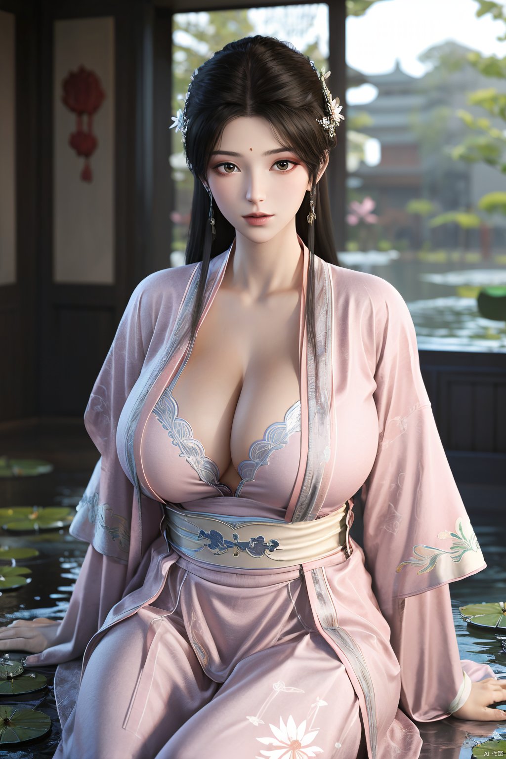 Best quality, Realistic, photorealistic, masterpiece,  , best shadow, huge filesize ,incredibly absurdres, absurdres, looking at viewer, transparent, smog, gauze, vase, petals, room, ancient Chinese style, detailed background, wide shot background,
(((1gilr,black hair))),(Sitting on the lotus pond porch:1.39) ,(huge breasts:1.52),(A pond full of pink lotus flowers:1.3),close up of 1girl,Hairpins,hair ornament,hair wings,slim,narrow waist,perfect eyes,beautiful perfect face,pleasant smile,perfect female figure,detailed skin,charming,alluring,seductive,erotic,enchanting,delicate pattern,detailed complex and rich exquisite clothing detail,delicate intricate fabrics,
Morning Serenade In the gentle morning glow, (a woman in a pink lotus-patterned Hanfu stands in an indoor courtyard:1.26),(Chinese traditional dragon and phoenix embroidered Hanfu:1.3), admiring the tranquil garden scenery. The lotus-patterned Hanfu, embellished with silver-thread embroidery, is softly illuminated by the morning light. The light mint green Hanfu imparts a sense of calm and freshness, adorned with delicate lotus patterns, with a blurred background to enhance the peaceful atmosphere,(huge breasts:1.69),Xsutaner,Xhulianxin