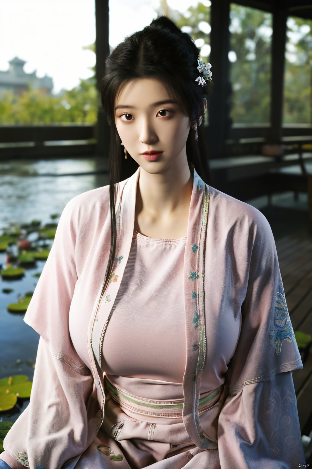 Best quality, Realistic, photorealistic, masterpiece,  , best shadow, huge filesize ,incredibly absurdres, absurdres, looking at viewer, transparent, smog, gauze, vase, petals, room, ancient Chinese style, detailed background, wide shot background,
(((1gilr,black hair))),(Sitting on the lotus pond porch:1.39) ,(huge breasts:1.52),(A pond full of pink lotus flowers:1.3),close up of 1girl,Hairpins,hair ornament,hair wings,slim,narrow waist,perfect eyes,beautiful perfect face,pleasant smile,perfect female figure,detailed skin,charming,alluring,seductive,erotic,enchanting,delicate pattern,detailed complex and rich exquisite clothing detail,delicate intricate fabrics,
Morning Serenade In the gentle morning glow, (a woman in a pink lotus-patterned Hanfu stands in an indoor courtyard:1.26),(Chinese traditional dragon and phoenix embroidered Hanfu:1.3), admiring the tranquil garden scenery. The lotus-patterned Hanfu, embellished with silver-thread embroidery, is softly illuminated by the morning light. The light mint green Hanfu imparts a sense of calm and freshness, adorned with delicate lotus patterns, with a blurred background to enhance the peaceful atmosphere,(huge breasts:1.69),Xsutaner,Xhulianxin