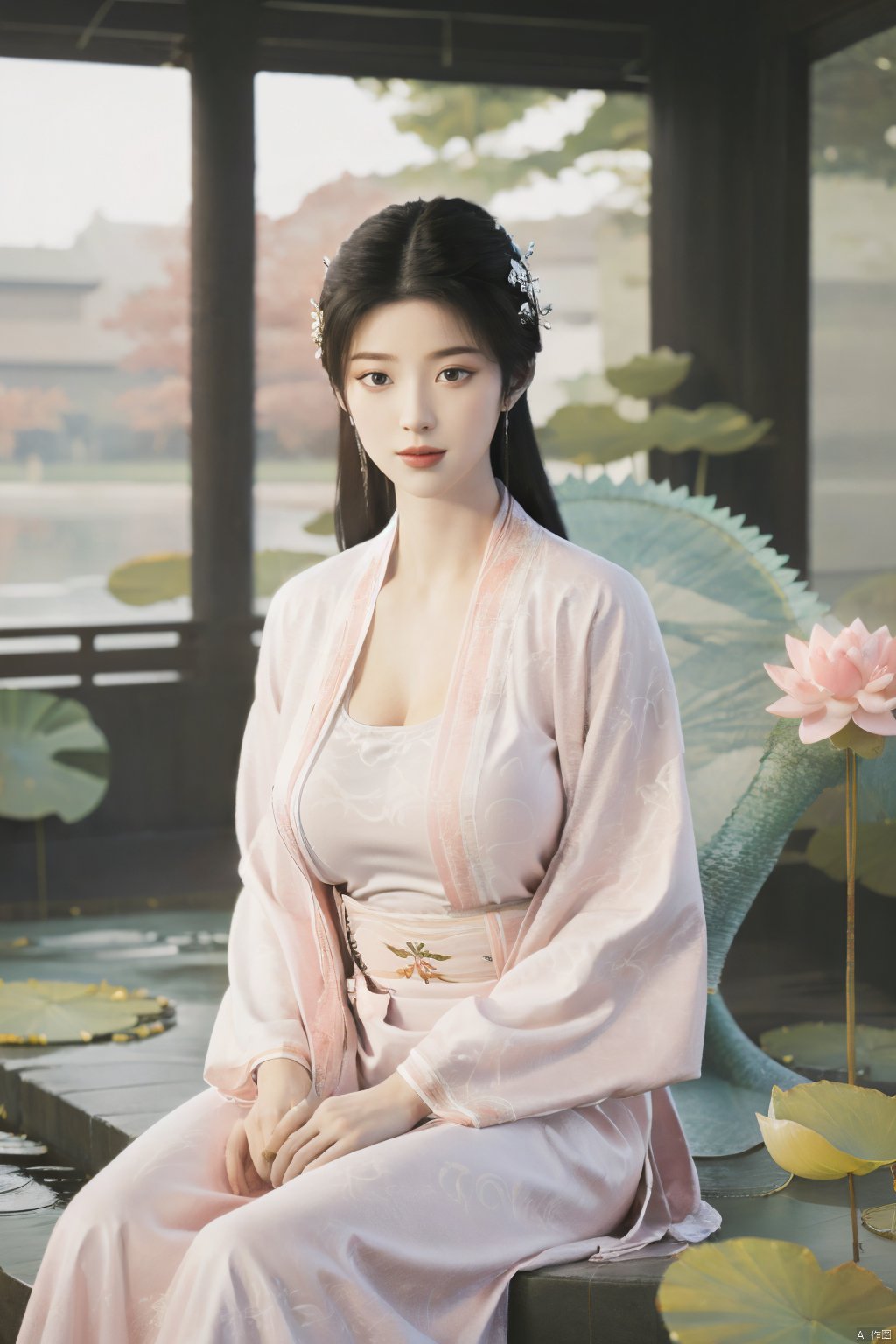 Best quality, Realistic, photorealistic, masterpiece,  , best shadow, huge filesize ,incredibly absurdres, absurdres, looking at viewer, transparent, smog, gauze, vase, petals, room, ancient Chinese style, detailed background, wide shot background,
(((1gilr,black hair))),(Sitting on the lotus pond porch:1.39) ,(huge breasts:1.52),(A pond full of pink lotus flowers:1.3),close up of 1girl,Hairpins,hair ornament,hair wings,slim,narrow waist,perfect eyes,beautiful perfect face,pleasant smile,perfect female figure,detailed skin,charming,alluring,seductive,erotic,enchanting,delicate pattern,detailed complex and rich exquisite clothing detail,delicate intricate fabrics,
Morning Serenade In the gentle morning glow, (a woman in a pink lotus-patterned Hanfu stands in an indoor courtyard:1.26),(Chinese traditional dragon and phoenix embroidered Hanfu:1.3), admiring the tranquil garden scenery. The lotus-patterned Hanfu, embellished with silver-thread embroidery, is softly illuminated by the morning light. The light mint green Hanfu imparts a sense of calm and freshness, adorned with delicate lotus patterns, with a blurred background to enhance the peaceful atmosphere,(huge breasts:1.69),Xsutaner,Xhulianxin