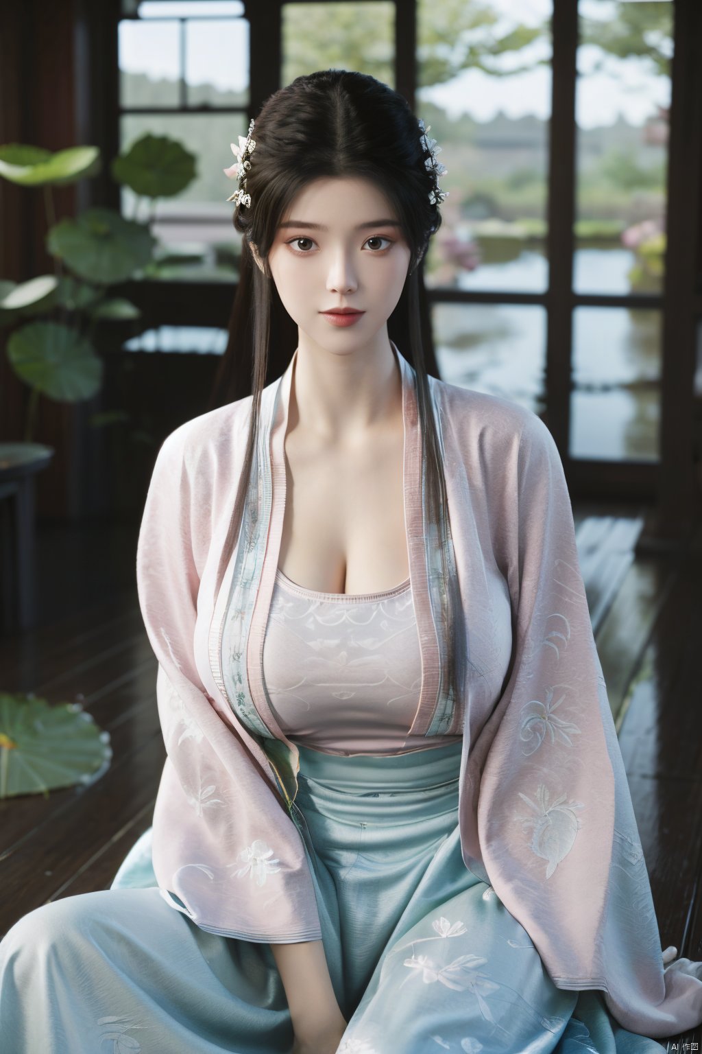 Best quality, Realistic, photorealistic, masterpiece,  , best shadow, huge filesize ,incredibly absurdres, absurdres, looking at viewer, transparent, smog, gauze, vase, petals, room, ancient Chinese style, detailed background, wide shot background,
(((1gilr,black hair))),(Sitting on the lotus pond porch:1.39) ,(huge breasts:1.52),(A pond full of pink lotus flowers:1.3),close up of 1girl,Hairpins,hair ornament,hair wings,slim,narrow waist,perfect eyes,beautiful perfect face,pleasant smile,perfect female figure,detailed skin,charming,alluring,seductive,erotic,enchanting,delicate pattern,detailed complex and rich exquisite clothing detail,delicate intricate fabrics,
Morning Serenade In the gentle morning glow, (a woman in a pink lotus-patterned Hanfu stands in an indoor courtyard:1.26),(Chinese traditional dragon and phoenix embroidered Hanfu:1.3), admiring the tranquil garden scenery. The lotus-patterned Hanfu, embellished with silver-thread embroidery, is softly illuminated by the morning light. The light mint green Hanfu imparts a sense of calm and freshness, adorned with delicate lotus patterns, with a blurred background to enhance the peaceful atmosphere,(huge breasts:1.69),Xsutaner,Xhulianxin