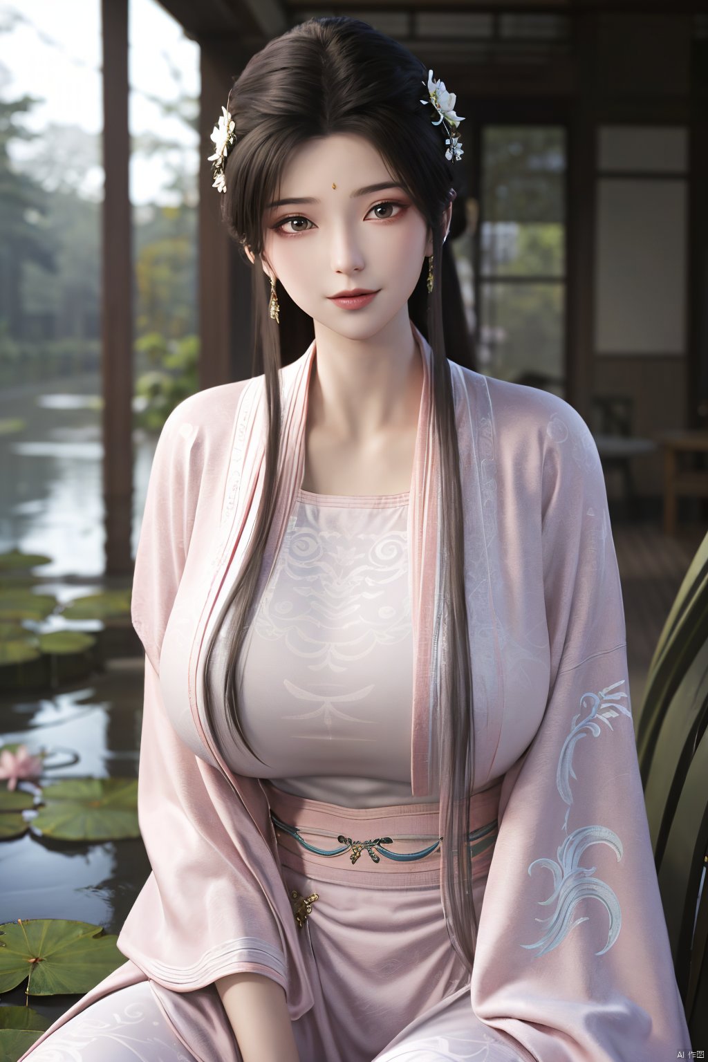 Best quality, Realistic, photorealistic, masterpiece,  , best shadow, huge filesize ,incredibly absurdres, absurdres, looking at viewer, transparent, smog, gauze, vase, petals, room, ancient Chinese style, detailed background, wide shot background,
(((1gilr,black hair))),(Sitting on the lotus pond porch:1.39) ,(huge breasts:1.52),(A pond full of pink lotus flowers:1.3),close up of 1girl,Hairpins,hair ornament,hair wings,slim,narrow waist,perfect eyes,beautiful perfect face,pleasant smile,perfect female figure,detailed skin,charming,alluring,seductive,erotic,enchanting,delicate pattern,detailed complex and rich exquisite clothing detail,delicate intricate fabrics,
Morning Serenade In the gentle morning glow, (a woman in a pink lotus-patterned Hanfu stands in an indoor courtyard:1.26),(Chinese traditional dragon and phoenix embroidered Hanfu:1.3), admiring the tranquil garden scenery. The lotus-patterned Hanfu, embellished with silver-thread embroidery, is softly illuminated by the morning light. The light mint green Hanfu imparts a sense of calm and freshness, adorned with delicate lotus patterns, with a blurred background to enhance the peaceful atmosphere,(huge breasts:1.69),Xsutaner,Xhulianxin