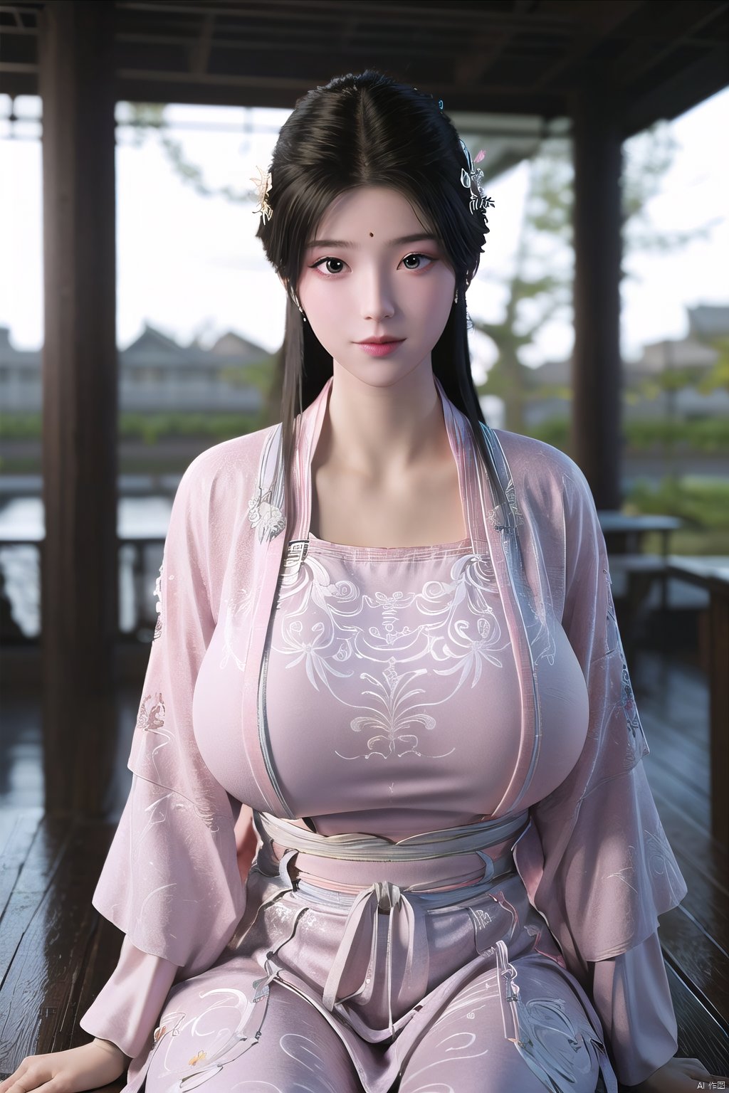 Best quality, Realistic, photorealistic, masterpiece,  , best shadow, huge filesize ,incredibly absurdres, absurdres, looking at viewer, transparent, smog, gauze, vase, petals, room, ancient Chinese style, detailed background, wide shot background,
(((1gilr,black hair))),(Sitting on the lotus pond porch:1.39) ,(huge breasts:1.52),(A pond full of pink lotus flowers:1.3),close up of 1girl,Hairpins,hair ornament,hair wings,slim,narrow waist,perfect eyes,beautiful perfect face,pleasant smile,perfect female figure,detailed skin,charming,alluring,seductive,erotic,enchanting,delicate pattern,detailed complex and rich exquisite clothing detail,delicate intricate fabrics,
Morning Serenade In the gentle morning glow, (a woman in a pink lotus-patterned Hanfu stands in an indoor courtyard:1.26),(Chinese traditional dragon and phoenix embroidered Hanfu:1.3), admiring the tranquil garden scenery. The lotus-patterned Hanfu, embellished with silver-thread embroidery, is softly illuminated by the morning light. The light mint green Hanfu imparts a sense of calm and freshness, adorned with delicate lotus patterns, with a blurred background to enhance the peaceful atmosphere,(huge breasts:1.69),Xsutaner,Xhulianxin