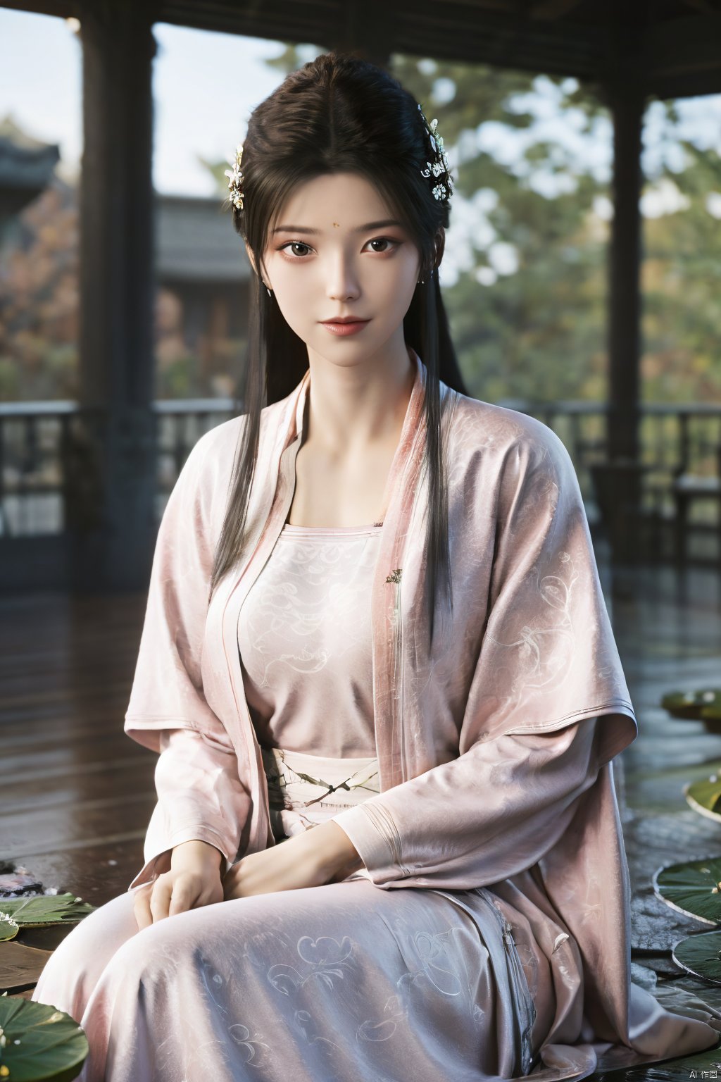 Best quality, Realistic, photorealistic, masterpiece,  , best shadow, huge filesize ,incredibly absurdres, absurdres, looking at viewer, transparent, smog, gauze, vase, petals, room, ancient Chinese style, detailed background, wide shot background,
(((1gilr,black hair))),(Sitting on the lotus pond porch:1.39) ,(huge breasts:1.29),(A pond full of pink lotus flowers:1.3),close up of 1girl,Hairpins,hair ornament,hair wings,slim,narrow waist,perfect eyes,beautiful perfect face,pleasant smile,perfect female figure,detailed skin,charming,alluring,seductive,erotic,enchanting,delicate pattern,detailed complex and rich exquisite clothing detail,delicate intricate fabrics,
Morning Serenade In the gentle morning glow, (a woman in a pink lotus-patterned Hanfu stands in an indoor courtyard:1.26),(Chinese traditional dragon and phoenix embroidered Hanfu:1.3), admiring the tranquil garden scenery. The lotus-patterned Hanfu, embellished with silver-thread embroidery, is softly illuminated by the morning light. The light mint green Hanfu imparts a sense of calm and freshness, adorned with delicate lotus patterns, with a blurred background to enhance the peaceful atmosphere,(huge breasts:1.52),Xsutaner,Xhulianxin