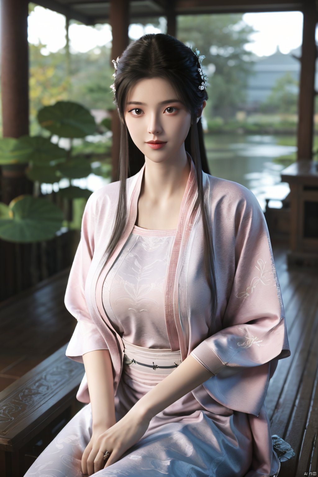 Best quality, Realistic, photorealistic, masterpiece,  , best shadow, huge filesize ,incredibly absurdres, absurdres, looking at viewer, transparent, smog, gauze, vase, petals, room, ancient Chinese style, detailed background, wide shot background,
(((1gilr,black hair))),(Sitting on the lotus pond porch:1.39) ,(huge breasts:1.39),(A pond full of pink lotus flowers:1.3),close up of 1girl,Hairpins,hair ornament,hair wings,slim,narrow waist,perfect eyes,beautiful perfect face,pleasant smile,perfect female figure,detailed skin,charming,alluring,seductive,erotic,enchanting,delicate pattern,detailed complex and rich exquisite clothing detail,delicate intricate fabrics,
Morning Serenade In the gentle morning glow, (a woman in a pink lotus-patterned Hanfu stands in an indoor courtyard:1.26),(Chinese traditional dragon and phoenix embroidered Hanfu:1.3), admiring the tranquil garden scenery. The lotus-patterned Hanfu, embellished with silver-thread embroidery, is softly illuminated by the morning light. The light mint green Hanfu imparts a sense of calm and freshness, adorned with delicate lotus patterns, with a blurred background to enhance the peaceful atmosphere,(huge breasts:1.59),Xsutaner,Xhulianxin