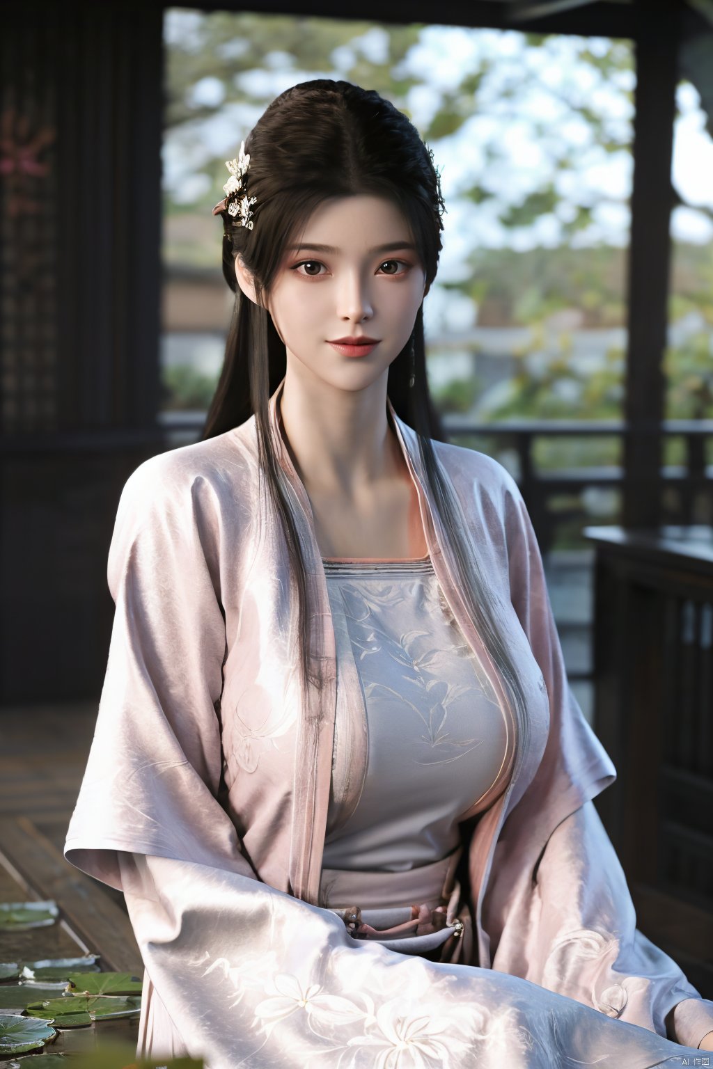 Best quality, Realistic, photorealistic, masterpiece,  , best shadow, huge filesize ,incredibly absurdres, absurdres, looking at viewer, transparent, smog, gauze, vase, petals, room, ancient Chinese style, detailed background, wide shot background,
(((1gilr,black hair))),(Sitting on the lotus pond porch:1.39) ,(huge breasts:1.39),(A pond full of pink lotus flowers:1.3),close up of 1girl,Hairpins,hair ornament,hair wings,slim,narrow waist,perfect eyes,beautiful perfect face,pleasant smile,perfect female figure,detailed skin,charming,alluring,seductive,erotic,enchanting,delicate pattern,detailed complex and rich exquisite clothing detail,delicate intricate fabrics,
Morning Serenade In the gentle morning glow, (a woman in a pink lotus-patterned Hanfu stands in an indoor courtyard:1.26),(Chinese traditional dragon and phoenix embroidered Hanfu:1.3), admiring the tranquil garden scenery. The lotus-patterned Hanfu, embellished with silver-thread embroidery, is softly illuminated by the morning light. The light mint green Hanfu imparts a sense of calm and freshness, adorned with delicate lotus patterns, with a blurred background to enhance the peaceful atmosphere,(huge breasts:1.59),Xsutaner,Xhulianxin