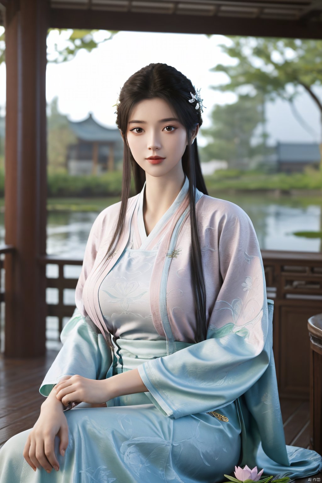 Best quality, Realistic, photorealistic, masterpiece,  , best shadow, huge filesize ,incredibly absurdres, absurdres, looking at viewer, transparent, smog, gauze, vase, petals, room, ancient Chinese style, detailed background, wide shot background,
(((1gilr,black hair))),(Sitting on the lotus pond porch:1.39) ,(huge breasts:1.39),(A pond full of pink lotus flowers:1.3),close up of 1girl,Hairpins,hair ornament,hair wings,slim,narrow waist,perfect eyes,beautiful perfect face,pleasant smile,perfect female figure,detailed skin,charming,alluring,seductive,erotic,enchanting,delicate pattern,detailed complex and rich exquisite clothing detail,delicate intricate fabrics,
Morning Serenade In the gentle morning glow, (a woman in a pink lotus-patterned Hanfu stands in an indoor courtyard:1.26),(Chinese traditional dragon and phoenix embroidered Hanfu:1.3), admiring the tranquil garden scenery. The lotus-patterned Hanfu, embellished with silver-thread embroidery, is softly illuminated by the morning light. The light mint green Hanfu imparts a sense of calm and freshness, adorned with delicate lotus patterns, with a blurred background to enhance the peaceful atmosphere,(huge breasts:1.59),Xsutaner,Xhulianxin