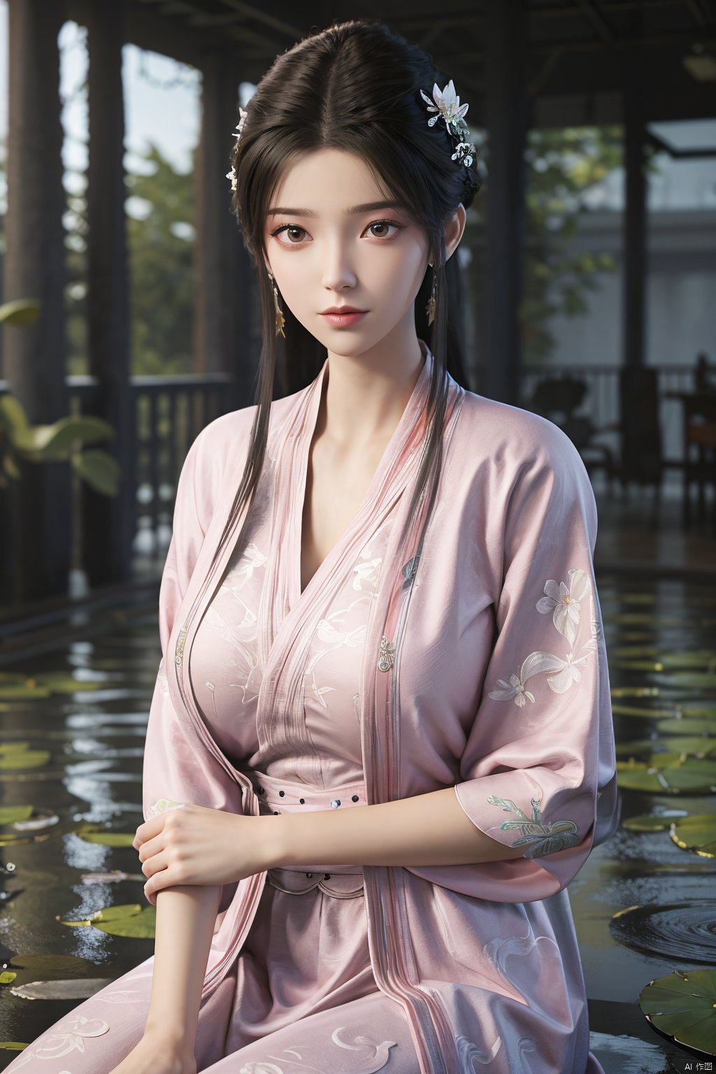 Best quality, Realistic, photorealistic, masterpiece,  , best shadow, huge filesize ,incredibly absurdres, absurdres, looking at viewer, transparent, smog, gauze, vase, petals, room, ancient Chinese style, detailed background, wide shot background,
(((1gilr,black hair))),(Sitting on the lotus pond porch:1.39) ,(huge breasts:1.39),(A pond full of pink lotus flowers:1.3),close up of 1girl,Hairpins,hair ornament,hair wings,slim,narrow waist,perfect eyes,beautiful perfect face,pleasant smile,perfect female figure,detailed skin,charming,alluring,seductive,erotic,enchanting,delicate pattern,detailed complex and rich exquisite clothing detail,delicate intricate fabrics,
Morning Serenade In the gentle morning glow, (a woman in a pink lotus-patterned Hanfu stands in an indoor courtyard:1.26),(Chinese traditional dragon and phoenix embroidered Hanfu:1.3), admiring the tranquil garden scenery. The lotus-patterned Hanfu, embellished with silver-thread embroidery, is softly illuminated by the morning light. The light mint green Hanfu imparts a sense of calm and freshness, adorned with delicate lotus patterns, with a blurred background to enhance the peaceful atmosphere,(huge breasts:1.59),Xsutaner,Xhulianxin