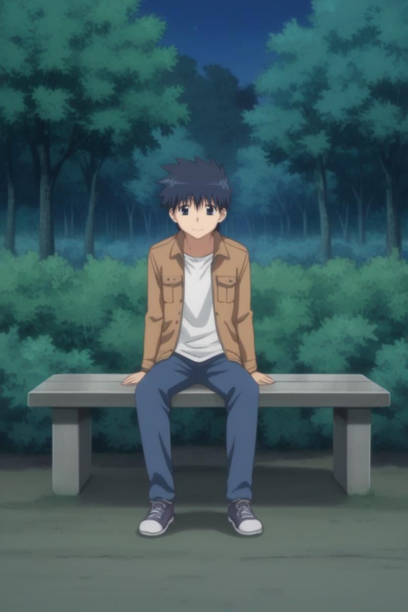 score_9, score_8_up, score_7_up, score_6_up, masterpiece, best quality, amazing quality, best aesthetic, absurdres, intricate details,keita suminoe, blue hair, blue eyes, 1boy, solo, male focus, sitting, bush, bench, tree, smile, shoes, outdoors, nature, forest, night, sneakers, shirt, pants, jacket, park, open clothes<lora:EMS-464867-EMS:1.000000>