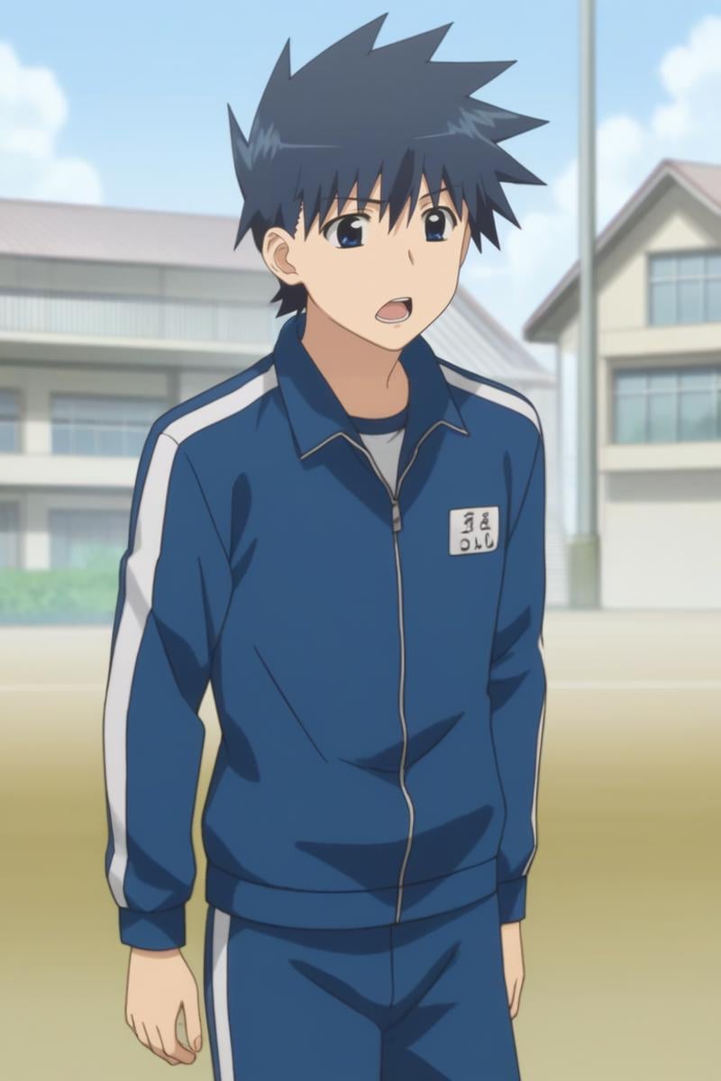 score_9, score_8_up, score_7_up, score_6_up, masterpiece, best quality, amazing quality, best aesthetic, absurdres, intricate details,keita suminoe, blue hair, blue eyes, 1boy, male focus, solo, spiked hair, track suit, jacket, school, open mouth, parody, track jacket, pants, gym uniform, blue jacket, anime coloring, solo focus<lora:EMS-464867-EMS:1.000000>