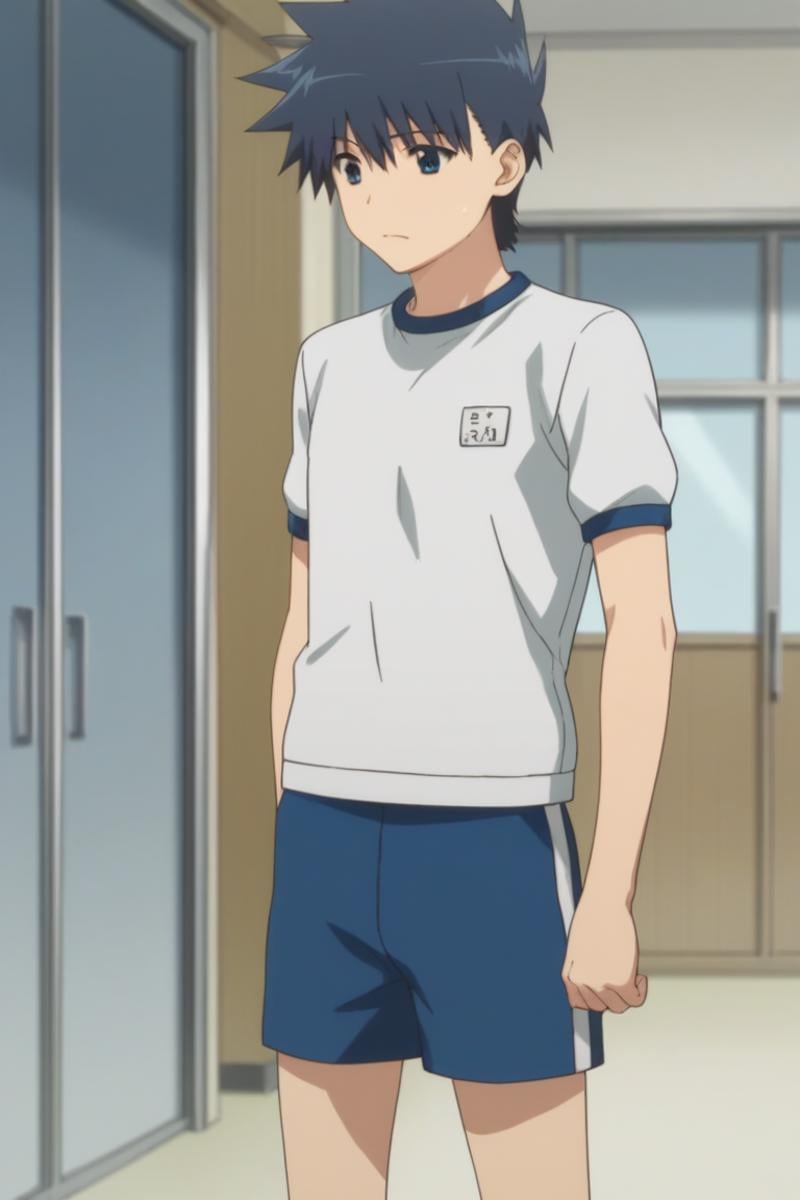 score_9, score_8_up, score_7_up, score_6_up, masterpiece, best quality, amazing quality, best aesthetic, absurdres, intricate details,keita suminoe, blue hair, blue eyes, 1boy, solo, male focus, shorts, gym uniform<lora:EMS-464867-EMS:1.000000>