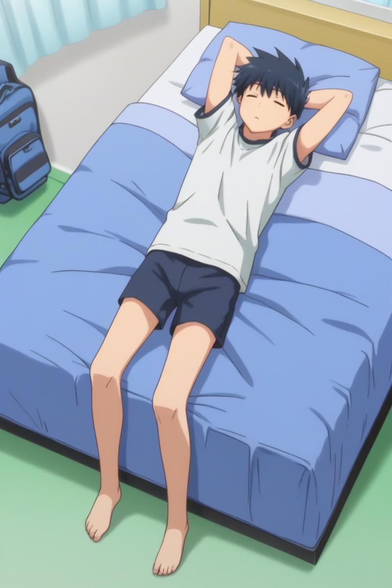 score_9, score_8_up, score_7_up, score_6_up, masterpiece, best quality, amazing quality, best aesthetic, absurdres, intricate details,keita suminoe, blue hair, blue eyes, 1boy, male focus, bed, solo, lying, bedroom, pillow, bag, sleeping, barefoot, indoors, on back, arms behind head, on bed, shorts, closed eyes, shirt, male underwear<lora:EMS-464867-EMS:1.000000>