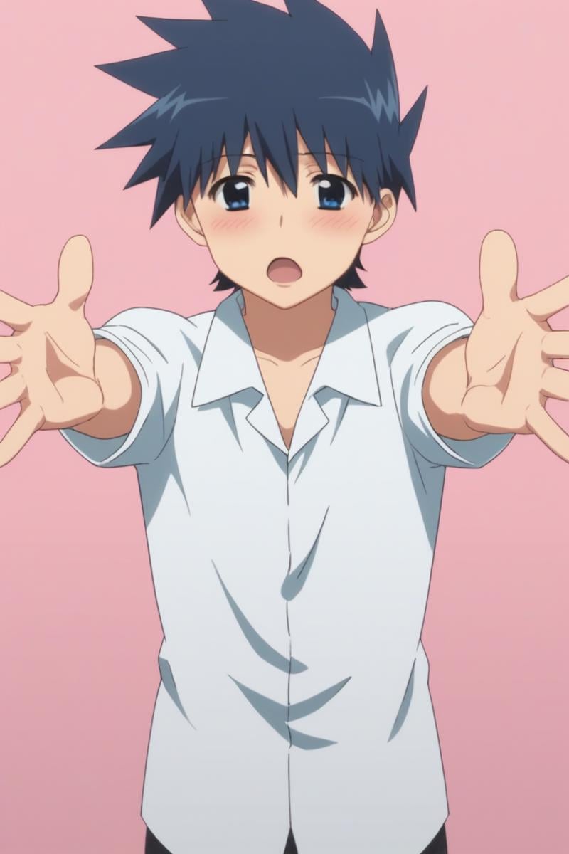 score_9, score_8_up, score_7_up, score_6_up, masterpiece, best quality, amazing quality, best aesthetic, absurdres, intricate details,keita suminoe, blue hair, blue eyes, 1boy, solo, male focus, blush, open mouth, a certain high school uniform, outstretched arms, spiked hair, pink background, shirt, school uniform<lora:EMS-464867-EMS:1.000000>