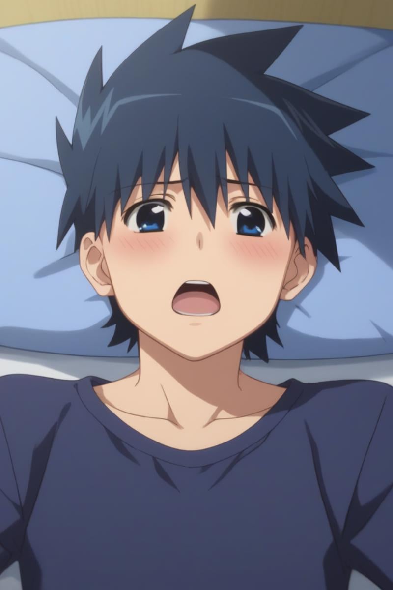 score_9, score_8_up, score_7_up, score_6_up, masterpiece, best quality, amazing quality, best aesthetic, absurdres, intricate details,keita suminoe, blue hair, blue eyes, 1boy, male focus, blush, open mouth, pov, spiked hair, lying, solo focus, pillow<lora:EMS-464867-EMS:1.000000>