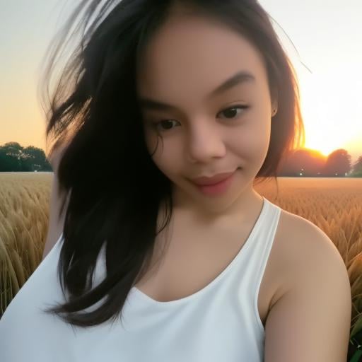 girl in a wheat field Small eyes. Brown eyes. Wearing white tank top. no makeup. Clear skin.  realistic skin style Long dark black slick back hair. No makeup. Dusk, Street light. Looking at camera POV. Slight smile, tilting, head.. Tilt head. Hands in head, face, lips. Medium Close Up shot. Bokeh. Bokeh light. Sunset. yellow, purple sky.